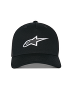 Casquette Trucker Alpinestars Reflect Ageless, casquette trucker, noire, dotée d'un logo Astars argenté réfléchissant sur le devant, d'une couronne structurée avec visière incurvée et d'un arrière en mesh respirant, accessoire décontracté inspiré par le sport automobile