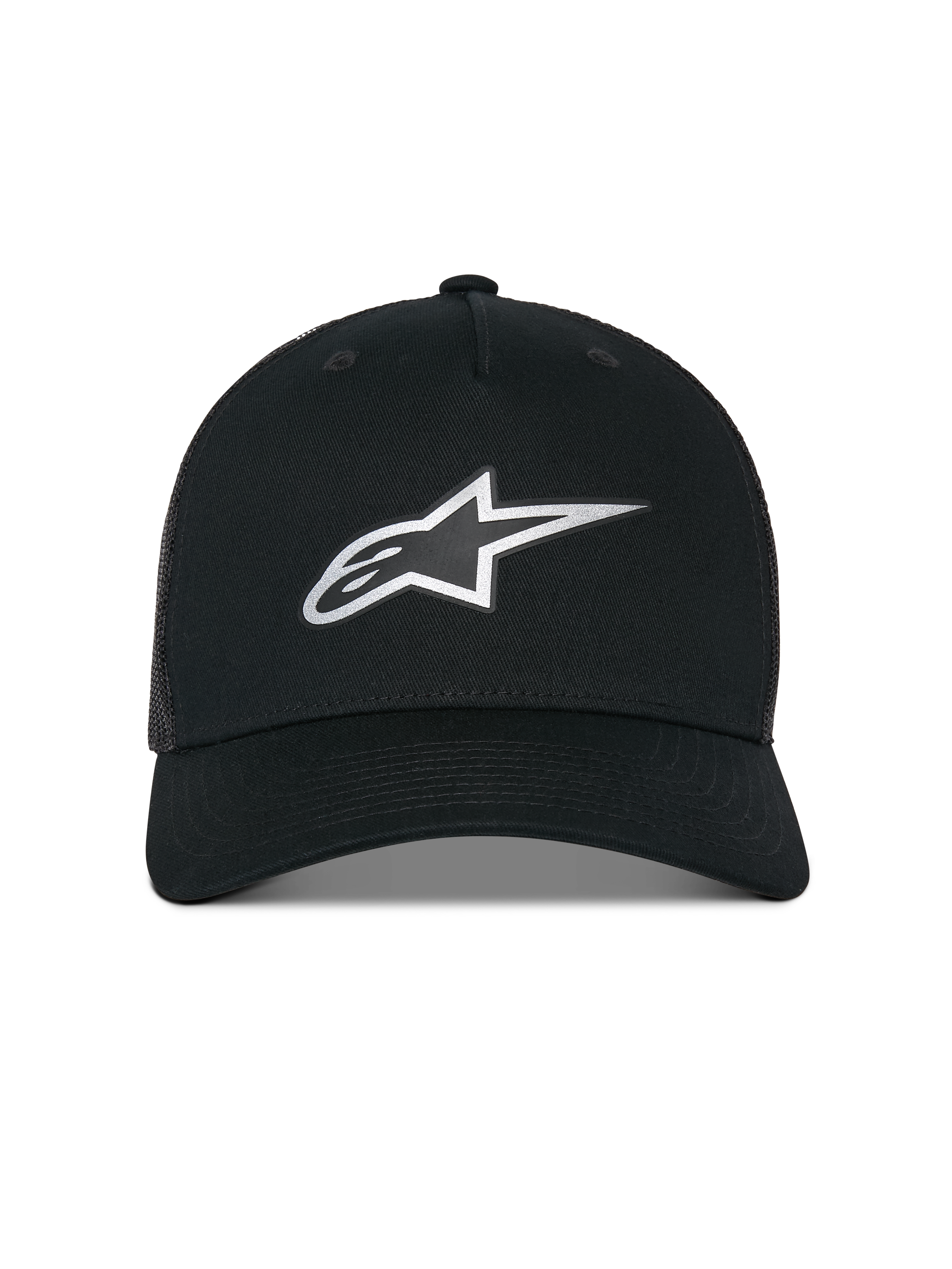 Casquette Trucker Alpinestars Reflect Ageless, casquette trucker, noire, dotée d'un logo Astars argenté réfléchissant sur le devant, d'une couronne structurée avec visière incurvée et d'un arrière en mesh respirant, accessoire décontracté inspiré par le sport automobile