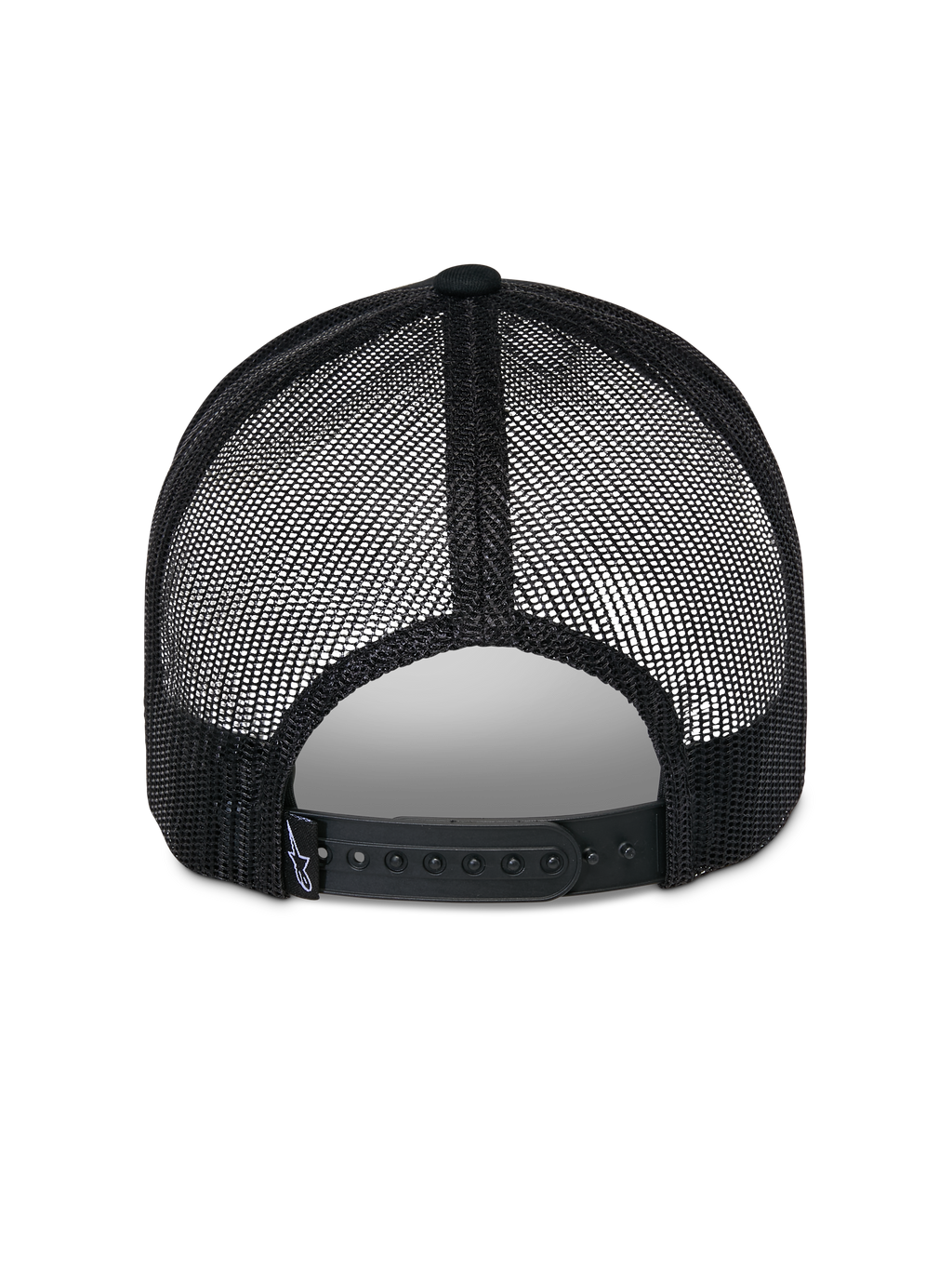 Casquette Trucker Alpinestars Reflect Ageless, noir, vue arrière montrant les panneaux en maille polyester respirante et la fermeture à pression réglable, avec petite étiquette de marque tissée, couvre-chef décontracté inspiré du sport automobile.