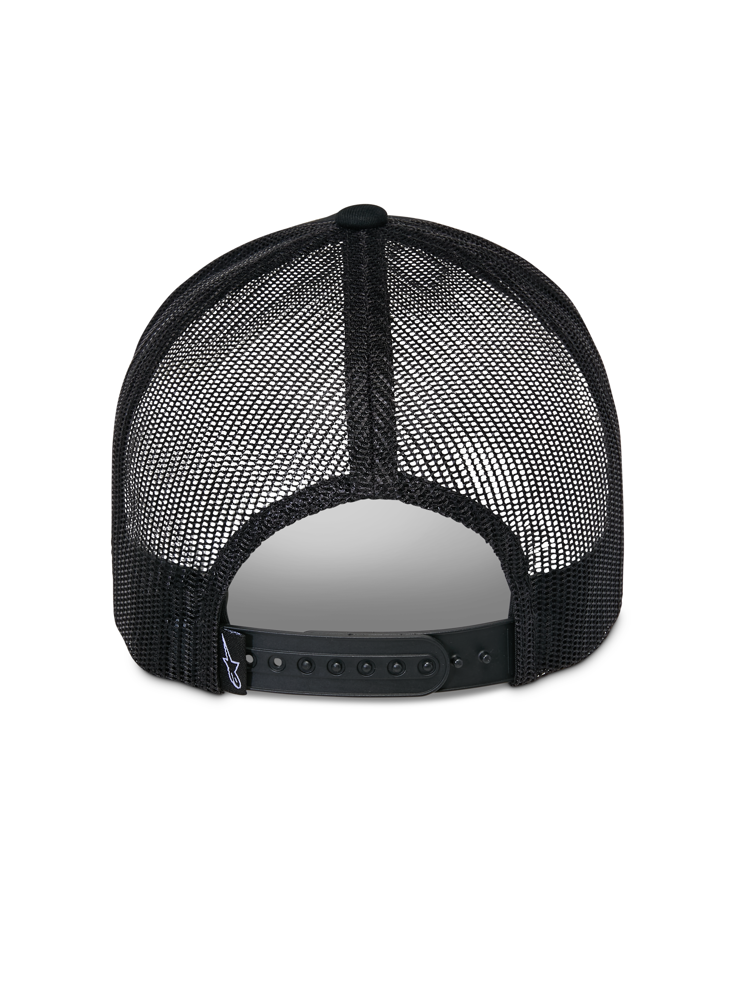 Casquette Trucker Alpinestars Reflect Ageless, noir, vue arrière montrant les panneaux en maille polyester respirante et la fermeture à pression réglable, avec petite étiquette de marque tissée, couvre-chef décontracté inspiré du sport automobile.