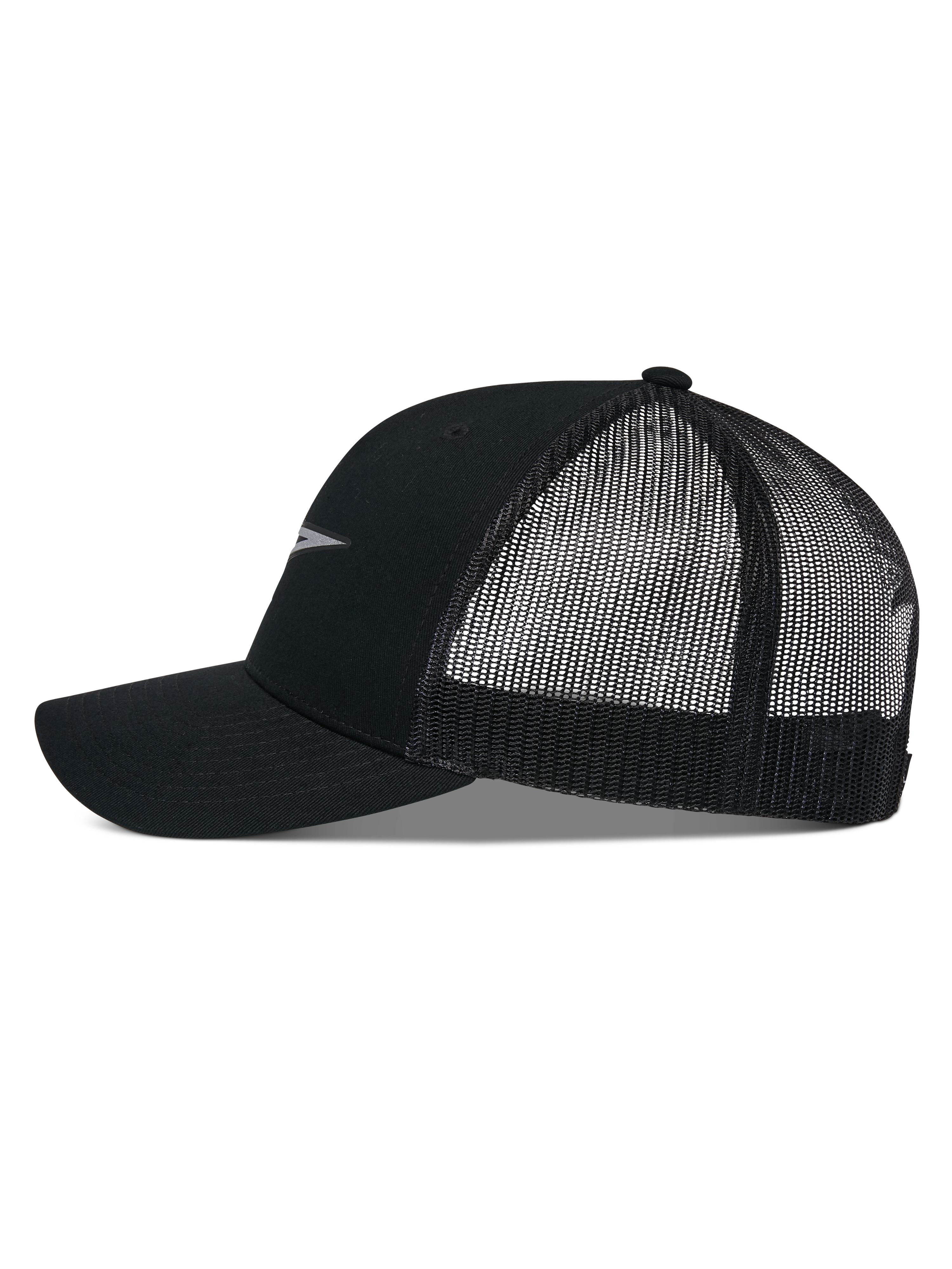 Casquette Trucker Alpinestars Reflect Ageless, vue de profil, noir, visière incurvée avec couronne structurée, panneaux arrière en maille respirante, logo réfléchissant, accessoire de tête motorsport décontracté