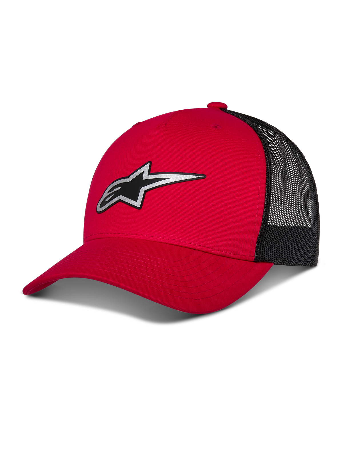 Alpinestars Reflect Ageless Trucker Hat, casquette de baseball rouge et noire, visière incurvée avec logo Astars réfléchissant, panneaux arrière en maille noire, design structuré
