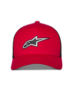 Alpinestars Reflect Ageless Trucker Hat, Red and Black, featuring a large reflective silver and black Astars logo, curved bill with structured crown and black mesh back panels, casual motorsport lifestyle headwear