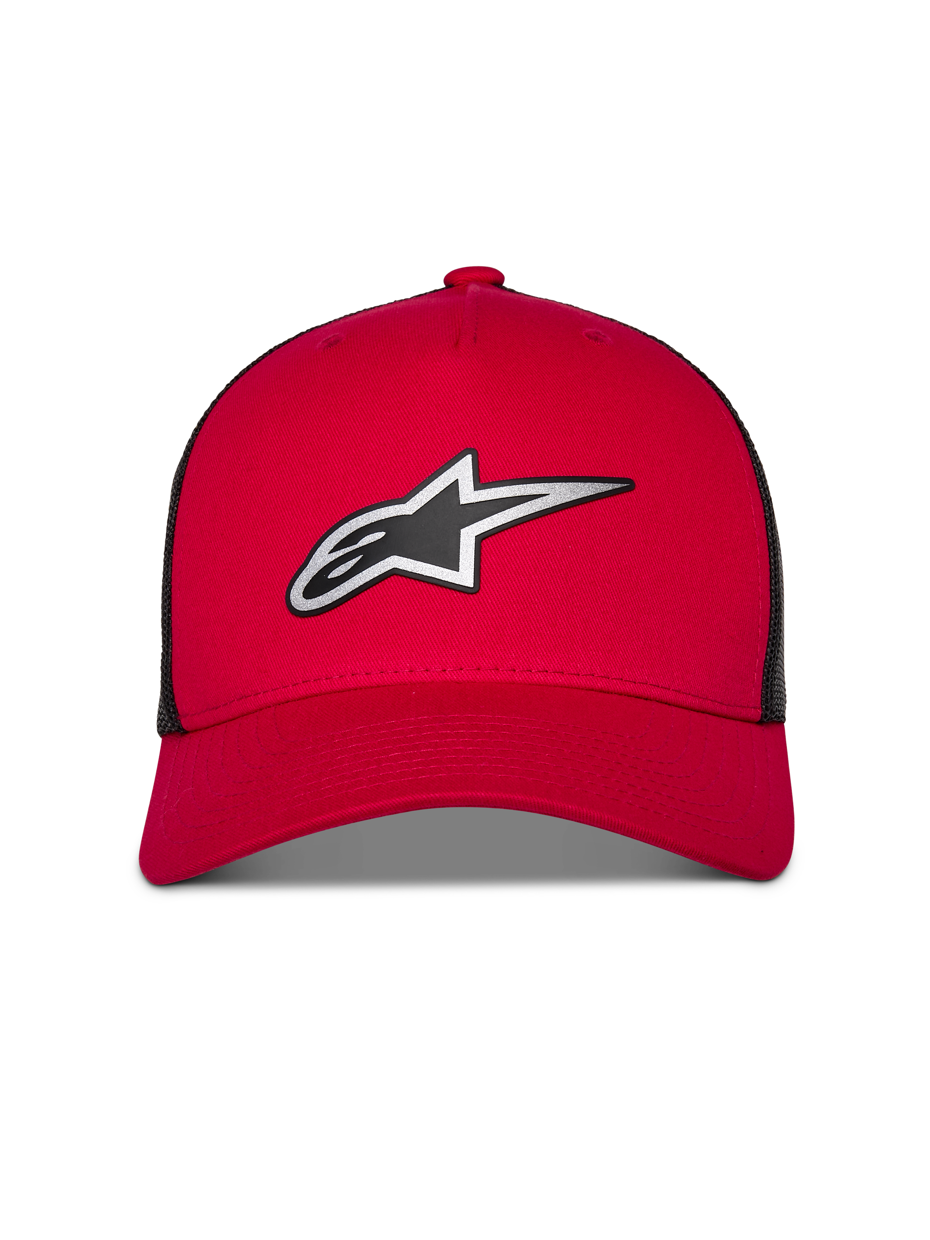 Alpinestars Reflect Ageless Trucker Hat, Red and Black, featuring a large reflective silver and black Astars logo, curved bill with structured crown and black mesh back panels, casual motorsport lifestyle headwear