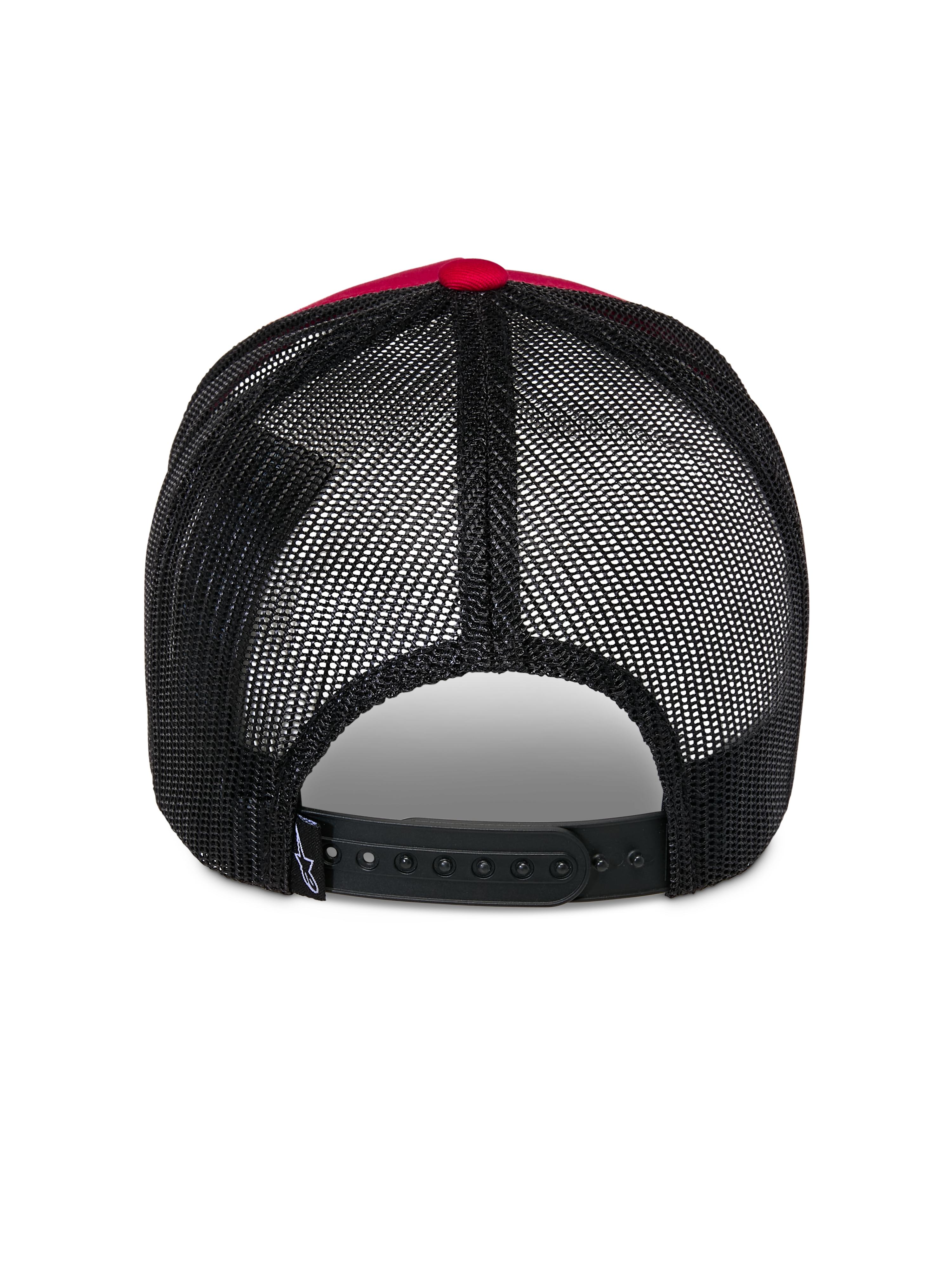 Alpinestars Reflect Ageless Trucker Hat, Back View, Red and Black, featuring black poly mesh panels and adjustable snap-back closure, casual motorsport-inspired headwear