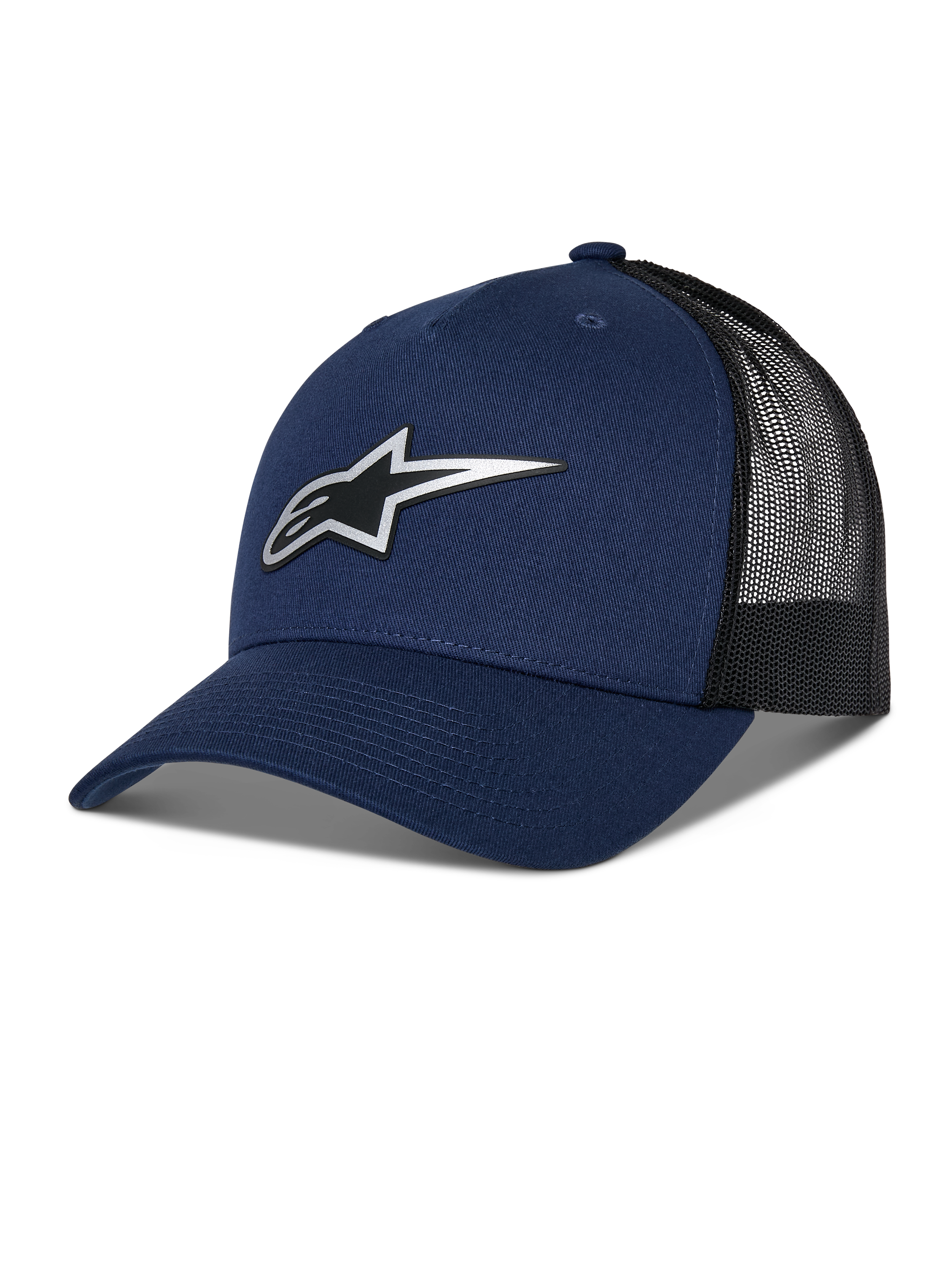 Alpinestars Reflect Ageless Trucker Hat, Navy Blue and Black Trucker Cap, Curved Brim, Reflective Silver Astars Logo, Mesh Back for Ventilation, Structured Crown, Casual Motorsport Style