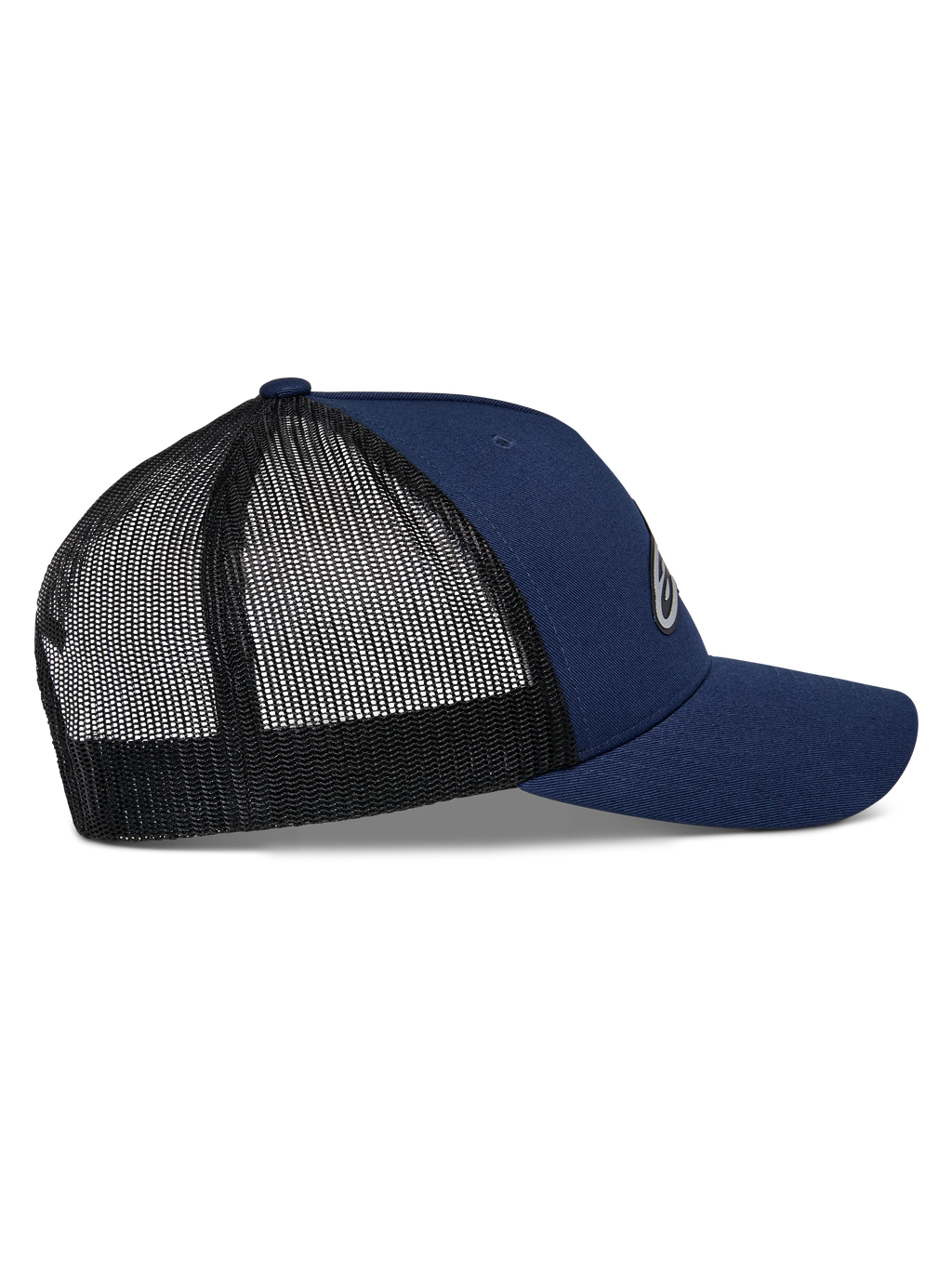 Alpinestars Reflect Ageless Trucker Hat, Navy and Black, side view with curved bill and breathable black mesh back, structured crown, casual motorsport headwear