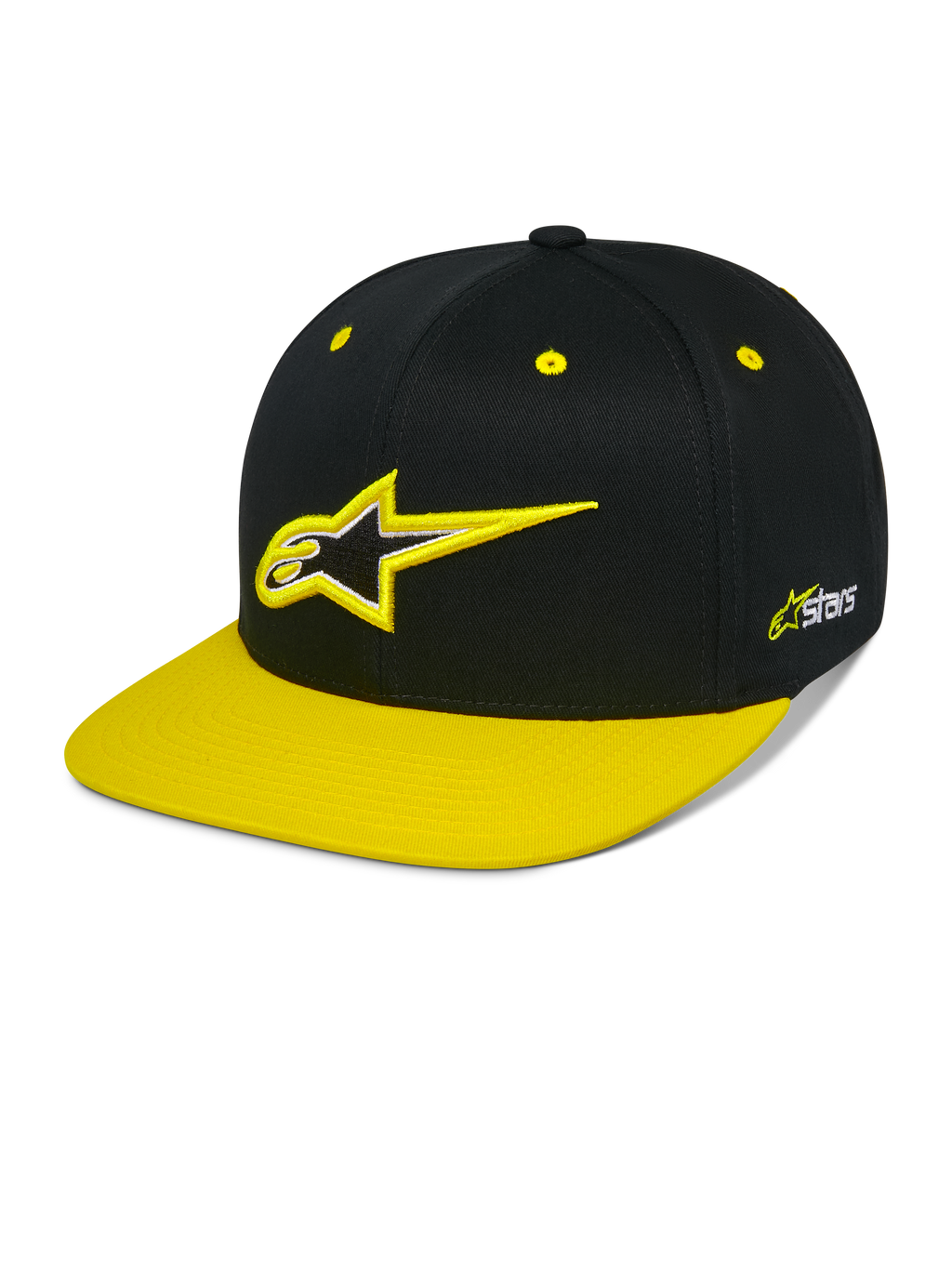Alpinestars Thickness Snapback Hat, casquette snapback noire et jaune haute visibilité, couronne structurée avec logo Astars brodé en 3D, visière plate jaune, œillets jaunes, couvre-chef de sport mécanique décontracté