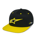 Alpinestars Thickness Snapback Hat, casquette snapback noire et jaune haute visibilité, couronne structurée avec logo Astars brodé en 3D, visière plate jaune, œillets jaunes, couvre-chef de sport mécanique décontracté