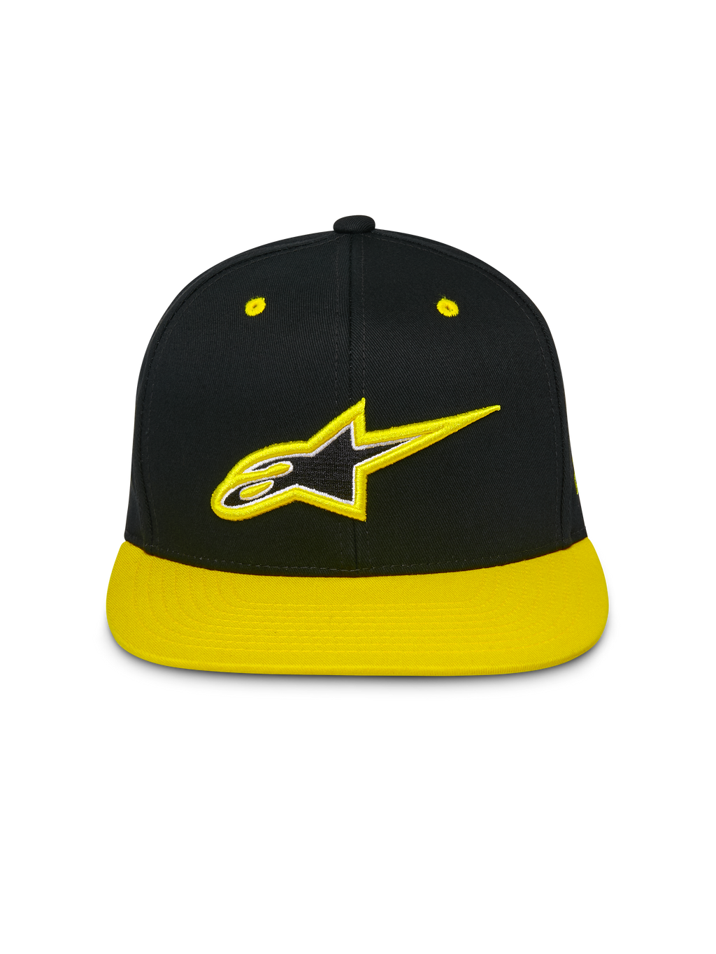 Casquette Alpinestars Thickness Snapback, casquette à visière plate et couronne structurée, noir avec visière et œillets jaune haute visibilité, logo Astars brodé en 3D sur le devant, style streetwear décontracté