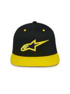 Casquette Alpinestars Thickness Snapback, casquette à visière plate et couronne structurée, noir avec visière et œillets jaune haute visibilité, logo Astars brodé en 3D sur le devant, style streetwear décontracté