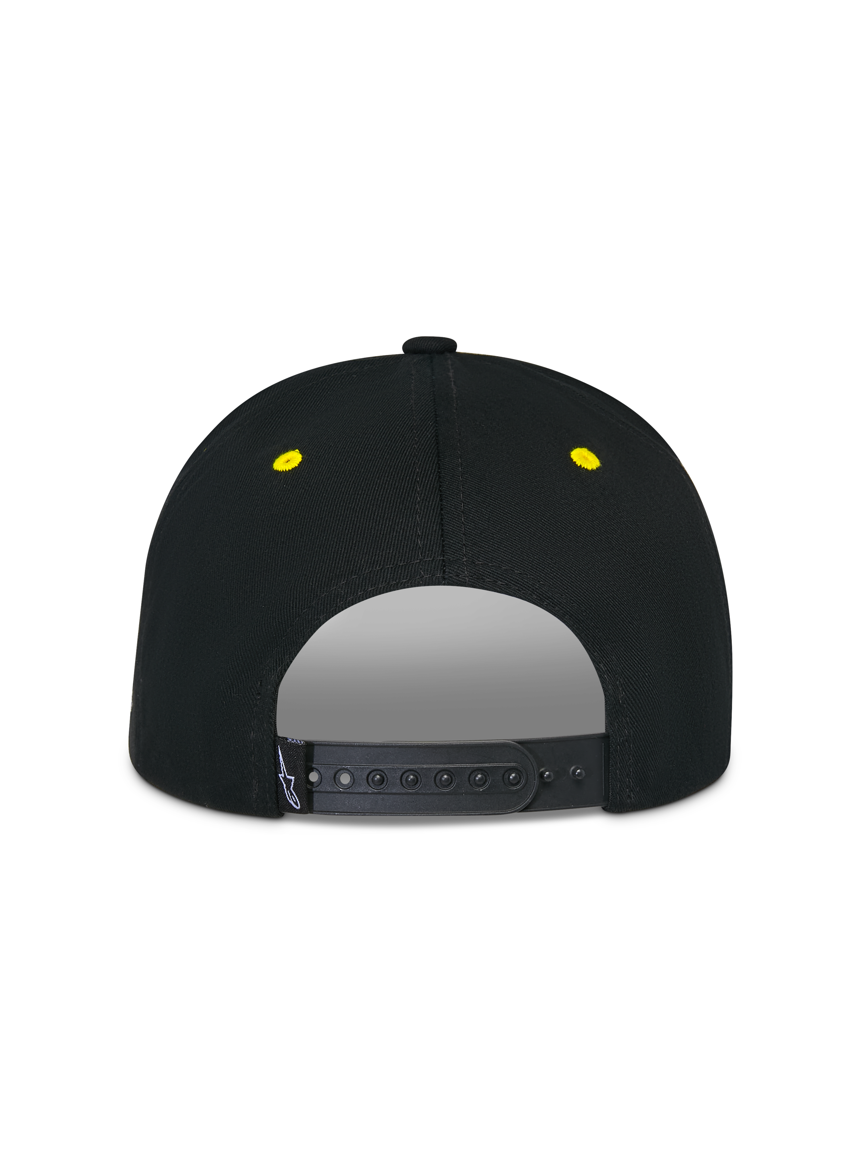 Casquette Snapback Thickness Alpinestars, noir et jaune haute visibilité, vue arrière avec fermeture snapback réglable, œillets brodés jaunes, couronne structurée, casquette de sport mécanique décontractée