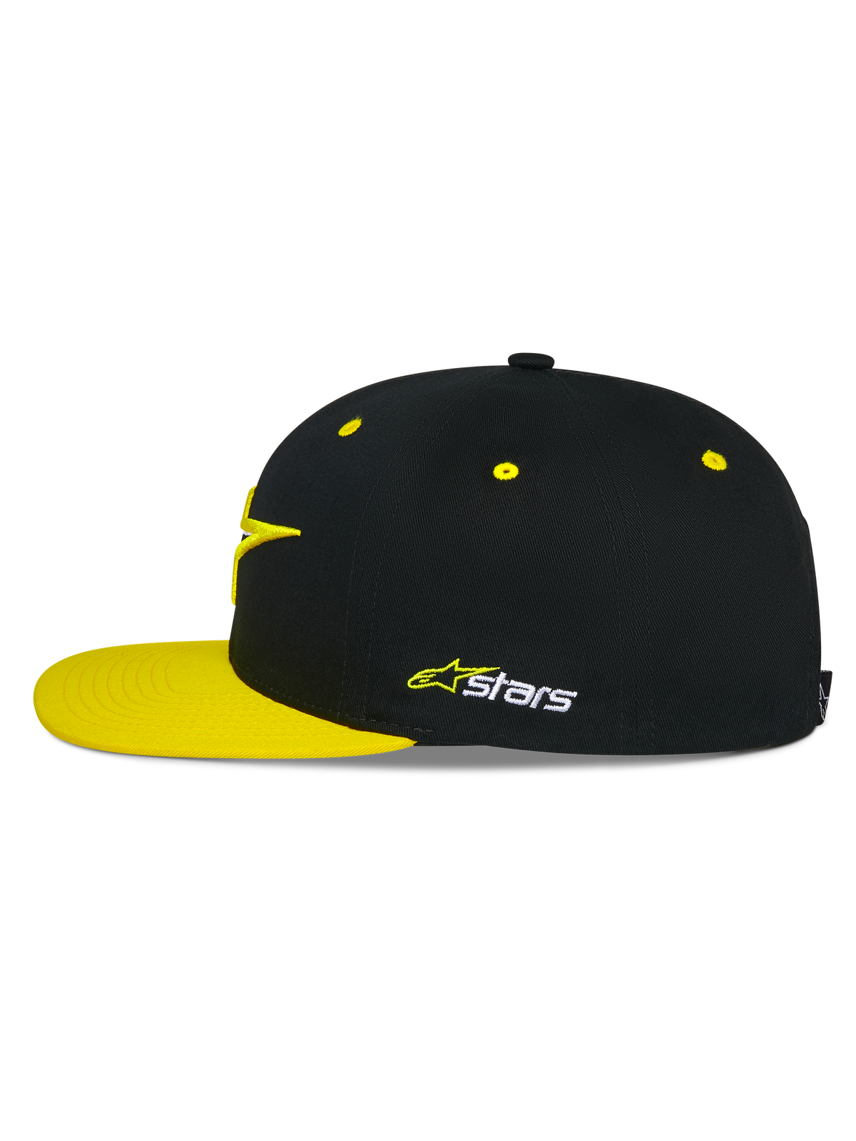 Casquette Snapback Alpinestars Thickness, noir et jaune haute visibilité, vue de profil, couronne structurée avec œillets jaunes et visière plate jaune, logo Astars brodé sur le côté, accessoire décontracté de sport mécanique