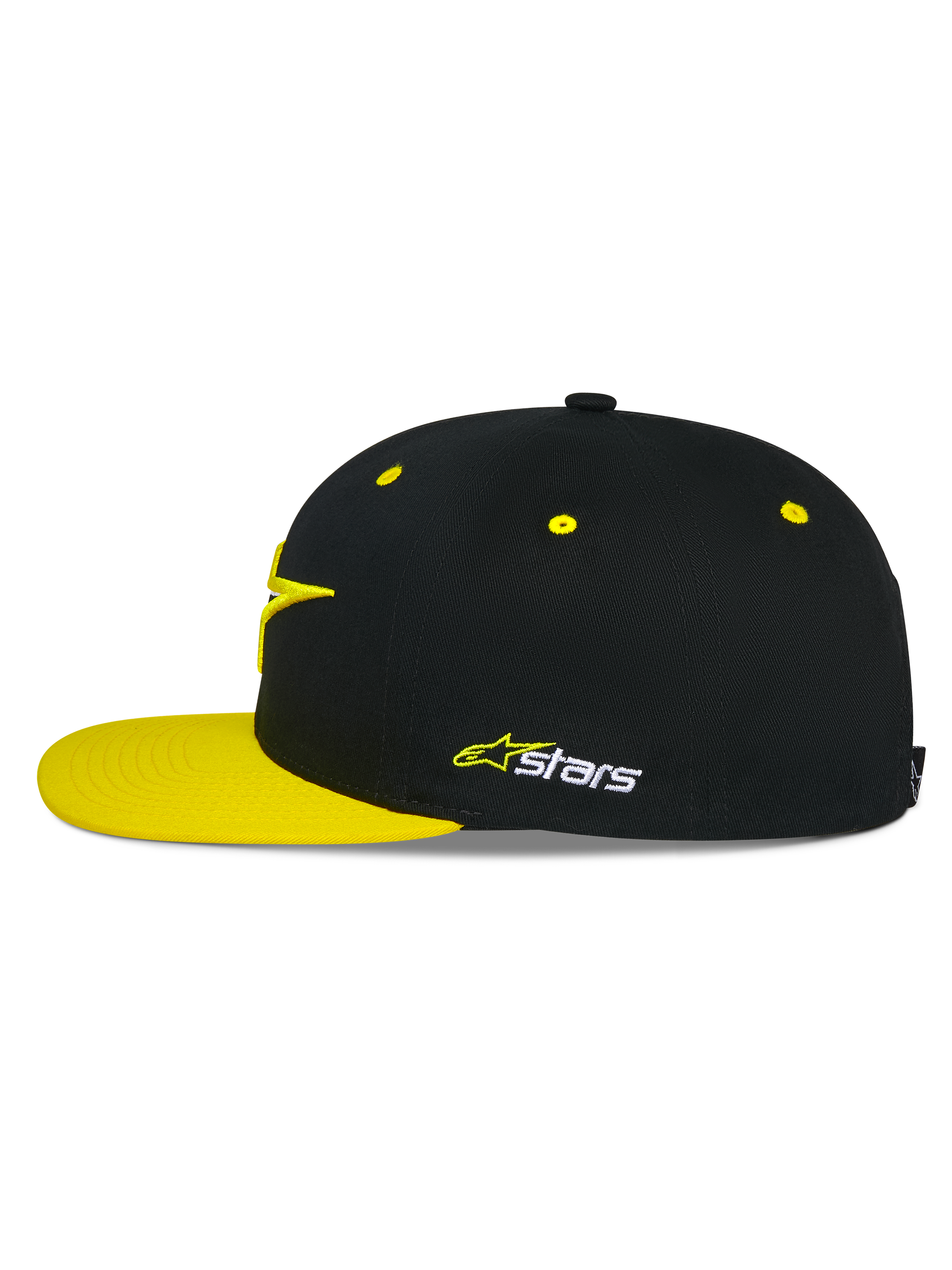 Casquette Snapback Alpinestars Thickness, noir et jaune haute visibilité, vue de profil, couronne structurée avec œillets jaunes et visière plate jaune, logo Astars brodé sur le côté, accessoire décontracté de sport mécanique