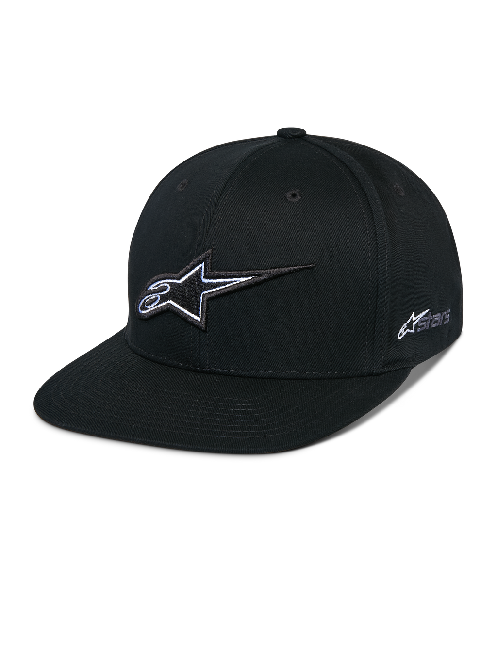 Casquette Snapback Alpinestars Thickness, casquette de baseball noire à visière plate, logo étoile brodé en 3D blanc et gris, logo Astars sur le côté, conception structurée avec trous de ventilation, accessoire de tête décontracté pour le sport automobile