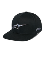 Casquette Snapback Alpinestars Thickness, casquette de baseball noire à visière plate, logo étoile brodé en 3D blanc et gris, logo Astars sur le côté, conception structurée avec trous de ventilation, accessoire de tête décontracté pour le sport automobile