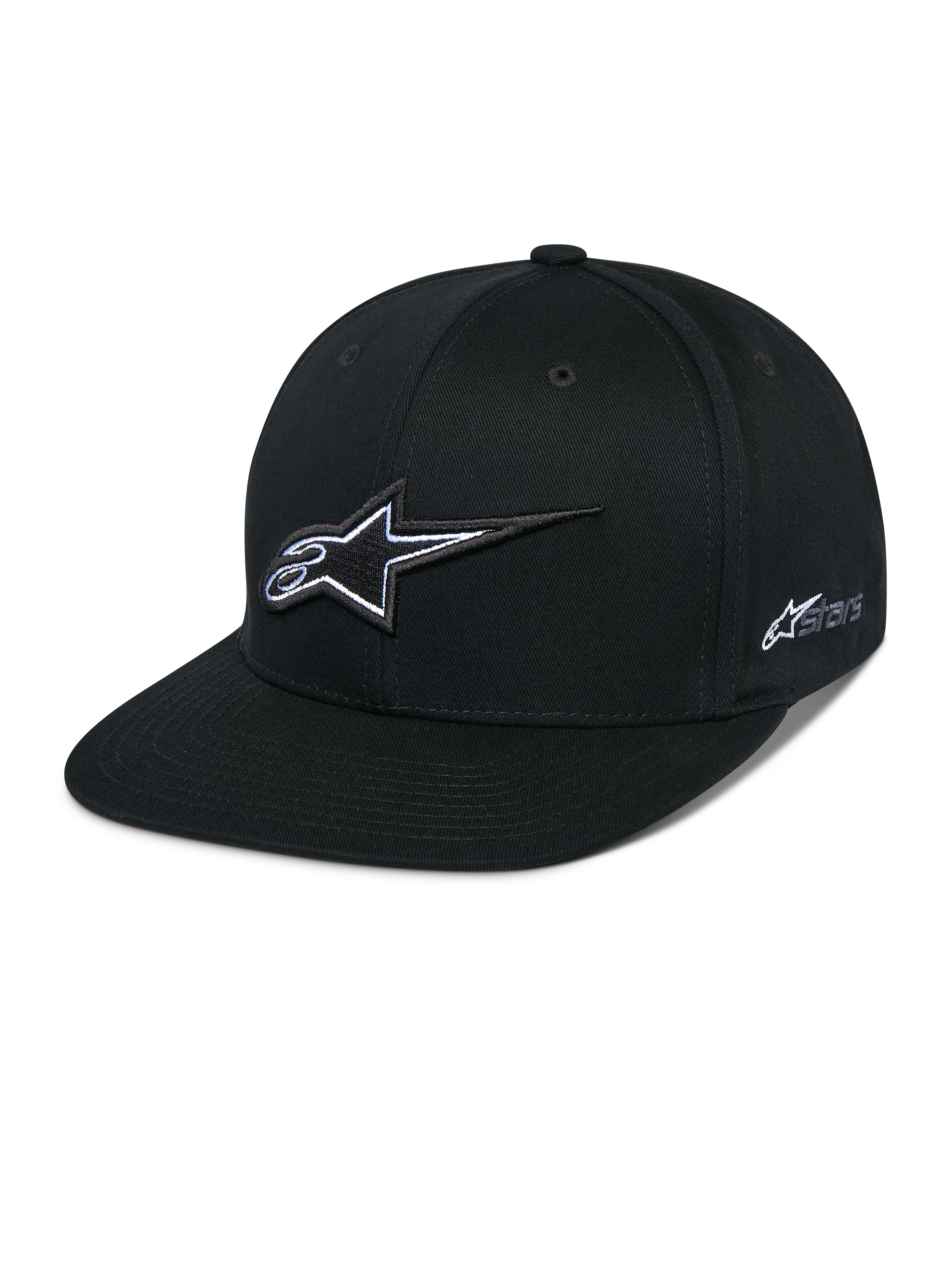 Casquette Snapback Alpinestars Thickness, casquette de baseball noire à visière plate, logo étoile brodé en 3D blanc et gris, logo Astars sur le côté, conception structurée avec trous de ventilation, accessoire de tête décontracté pour le sport automobile