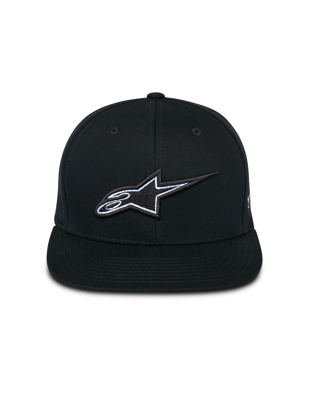 Casquette Snapback Thickness Alpinestars, noire, vue de face avec couronne structurée et visière plate, logo Astars brodé en 3D avec détails blancs et bleu clair, streetwear décontracté inspiré des sports mécaniques