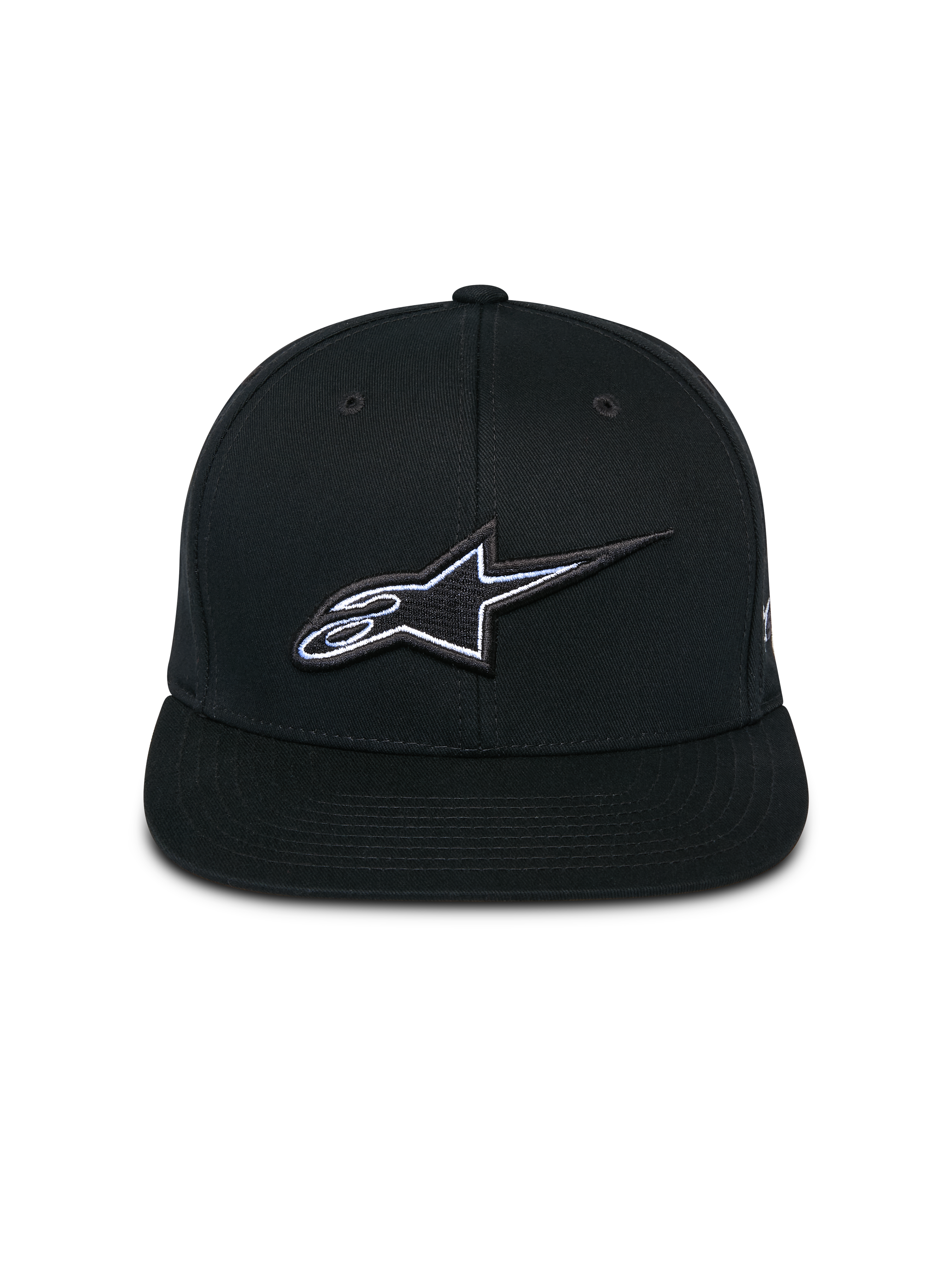 Casquette Snapback Thickness Alpinestars, noire, vue de face avec couronne structurée et visière plate, logo Astars brodé en 3D avec détails blancs et bleu clair, streetwear décontracté inspiré des sports mécaniques