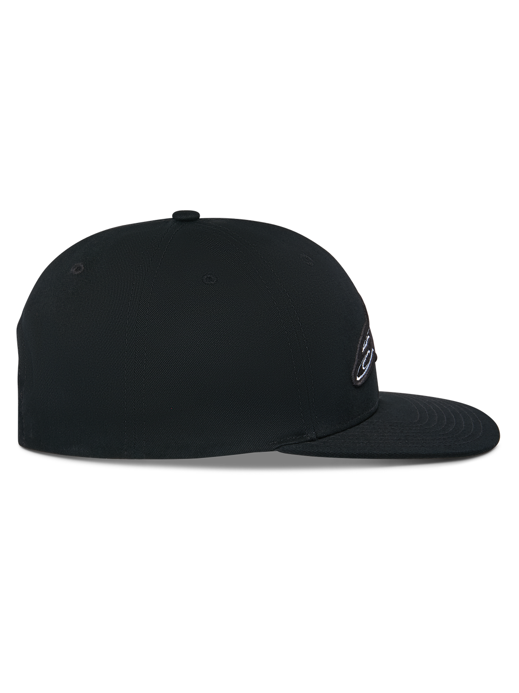 Casquette Snapback Alpinestars Thickness, noire, vue de profil, couronne structurée avec visière plate, tissu principal en sergé de coton, logo brodé en 3D, couvre-chef casual motorsport