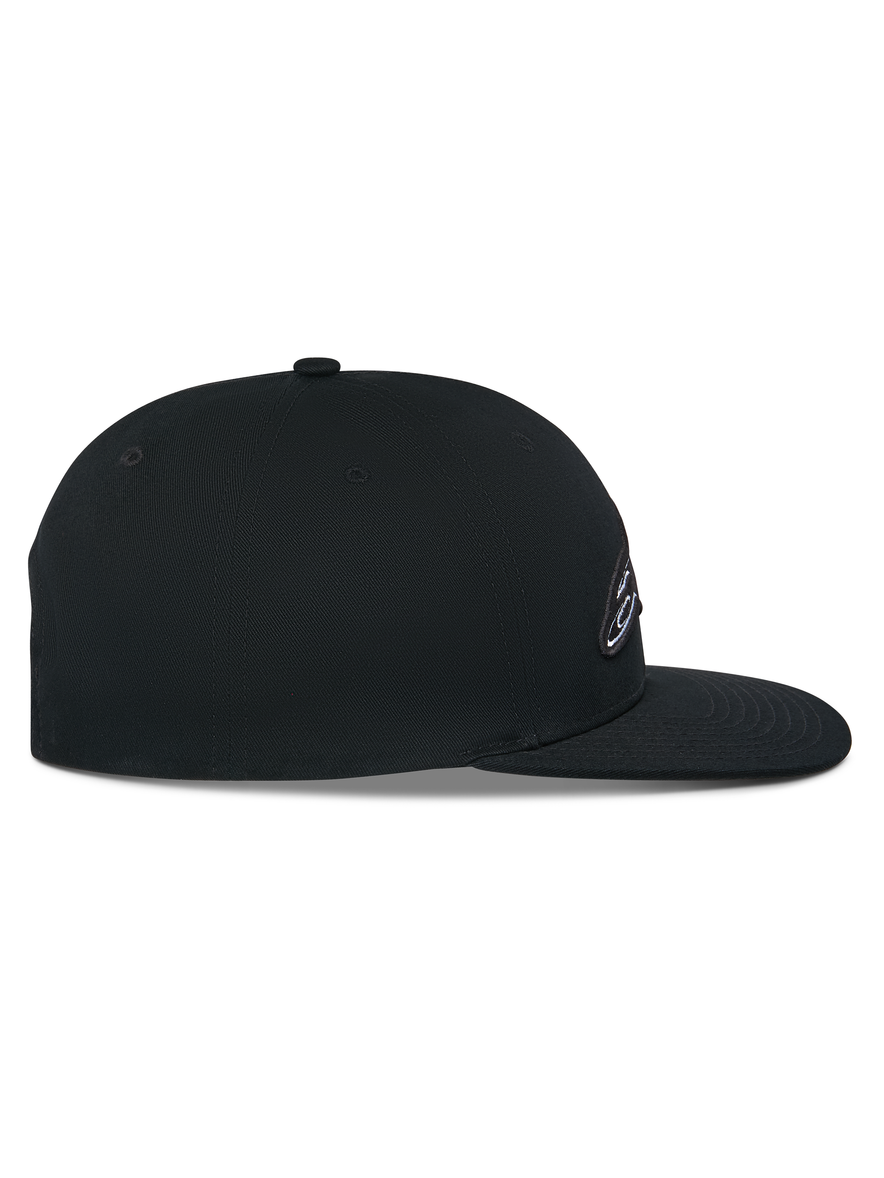 Casquette Snapback Alpinestars Thickness, noire, vue de profil, couronne structurée avec visière plate, tissu principal en sergé de coton, logo brodé en 3D, couvre-chef casual motorsport