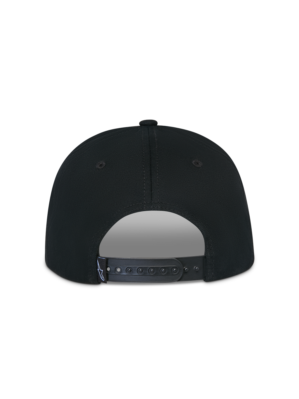 Casquette Snapback Alpinestars Thickness, noire, vue arrière montrant la fermeture snapback réglable, lanière en plastique noir avec petite étiquette à logo Astars blanc, couronne structurée en sergé de coton, sportswear décontracté