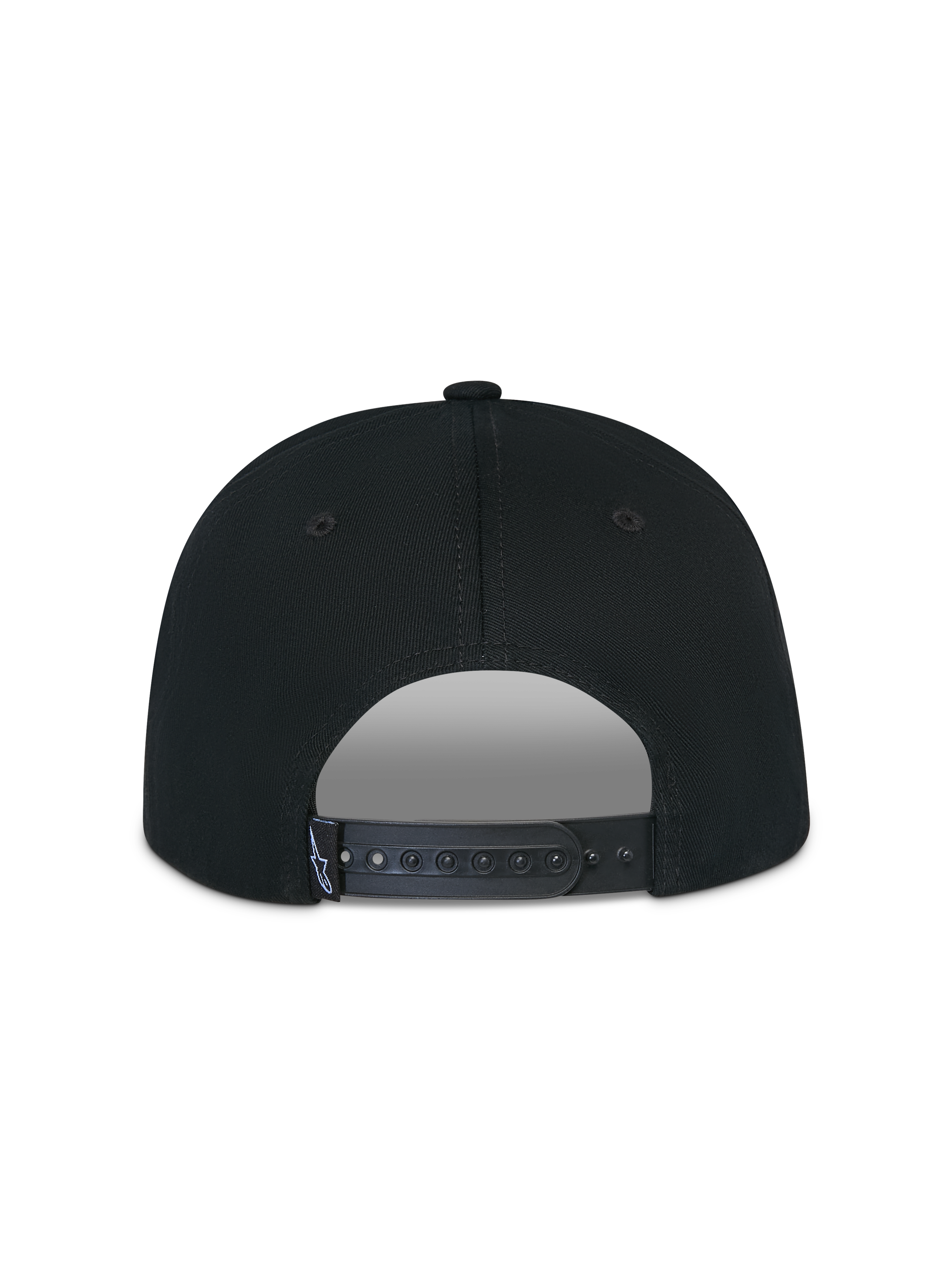 Casquette Snapback Alpinestars Thickness, noire, vue arrière montrant la fermeture snapback réglable, lanière en plastique noir avec petite étiquette à logo Astars blanc, couronne structurée en sergé de coton, sportswear décontracté