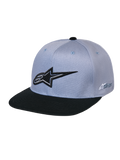 Alpinestars Casquette Snapback Thickness, gris et noir, dotée d'une couronne structurée et d'une visière plate, logo Astars noir brodé en 3D sur le devant, logo sur le côté, accessoire décontracté inspiré des sports mécaniques