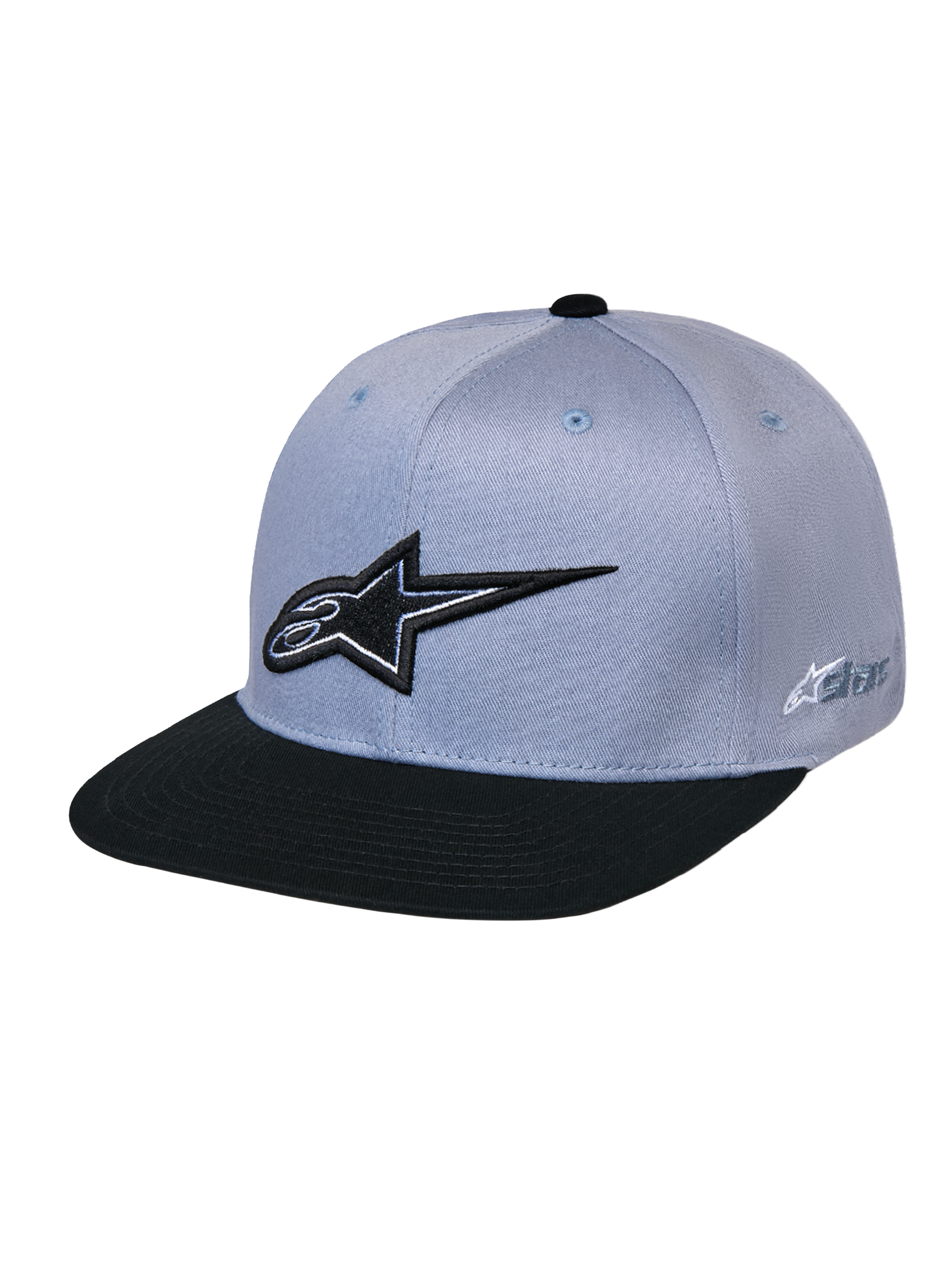 Alpinestars Casquette Snapback Thickness, gris et noir, dotée d'une couronne structurée et d'une visière plate, logo Astars noir brodé en 3D sur le devant, logo sur le côté, accessoire décontracté inspiré des sports mécaniques