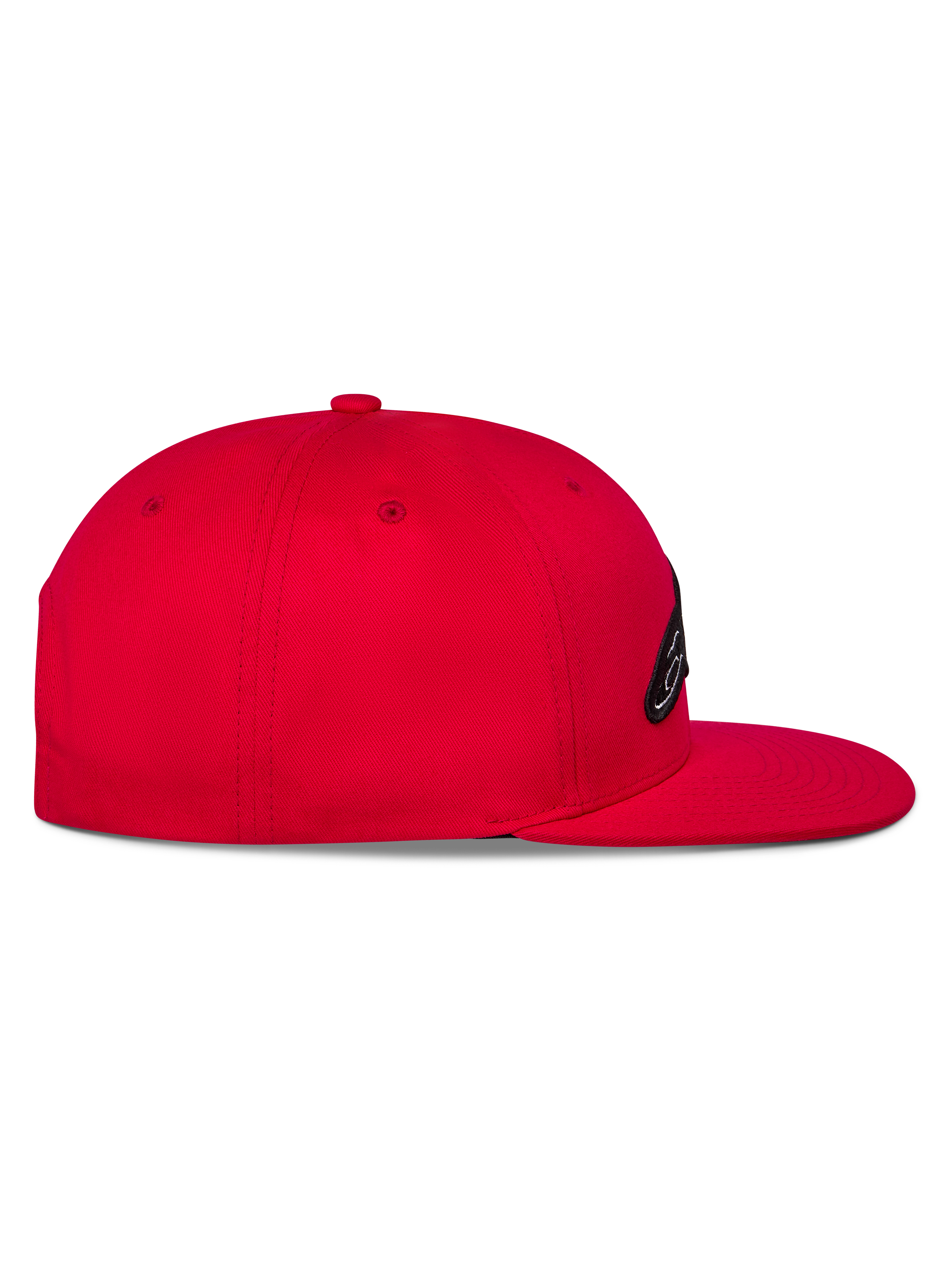 Alpinestars Thickness Snapback Hat, Red, side view showing the flat bill and structured crown, embroidered logo on the front, casual motorsport-inspired headwear