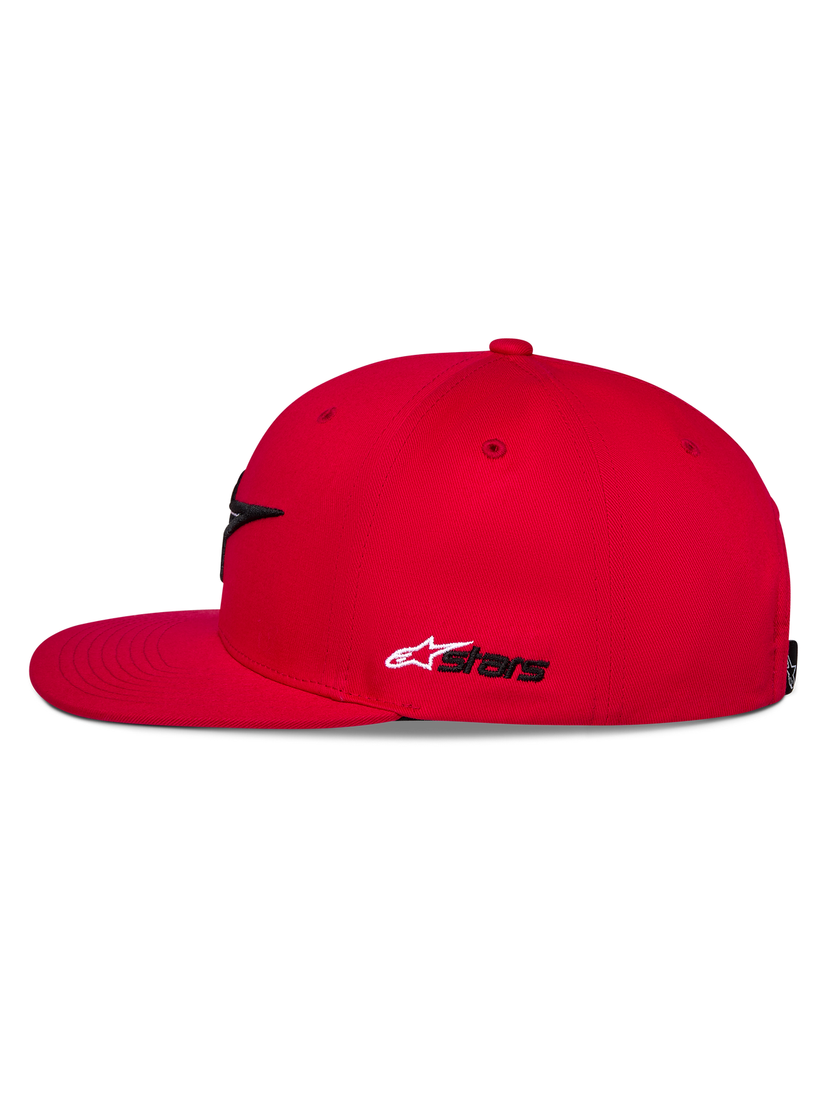 Casquette Snapback Thickness Alpinestars, rouge, vue de profil, visière plate et couronne structurée, broderie Astars latérale blanche et noire, couvre-chef décontracté inspiré du sport automobile