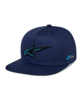 Casquette Snapback Thickness Alpinestars, bleu marine, couronne structurée avec visière plate, logo Astars brodé en 3D noir avec contour bleu clair, broderie latérale du logo, streetwear décontracté inspiré du sport automobile
