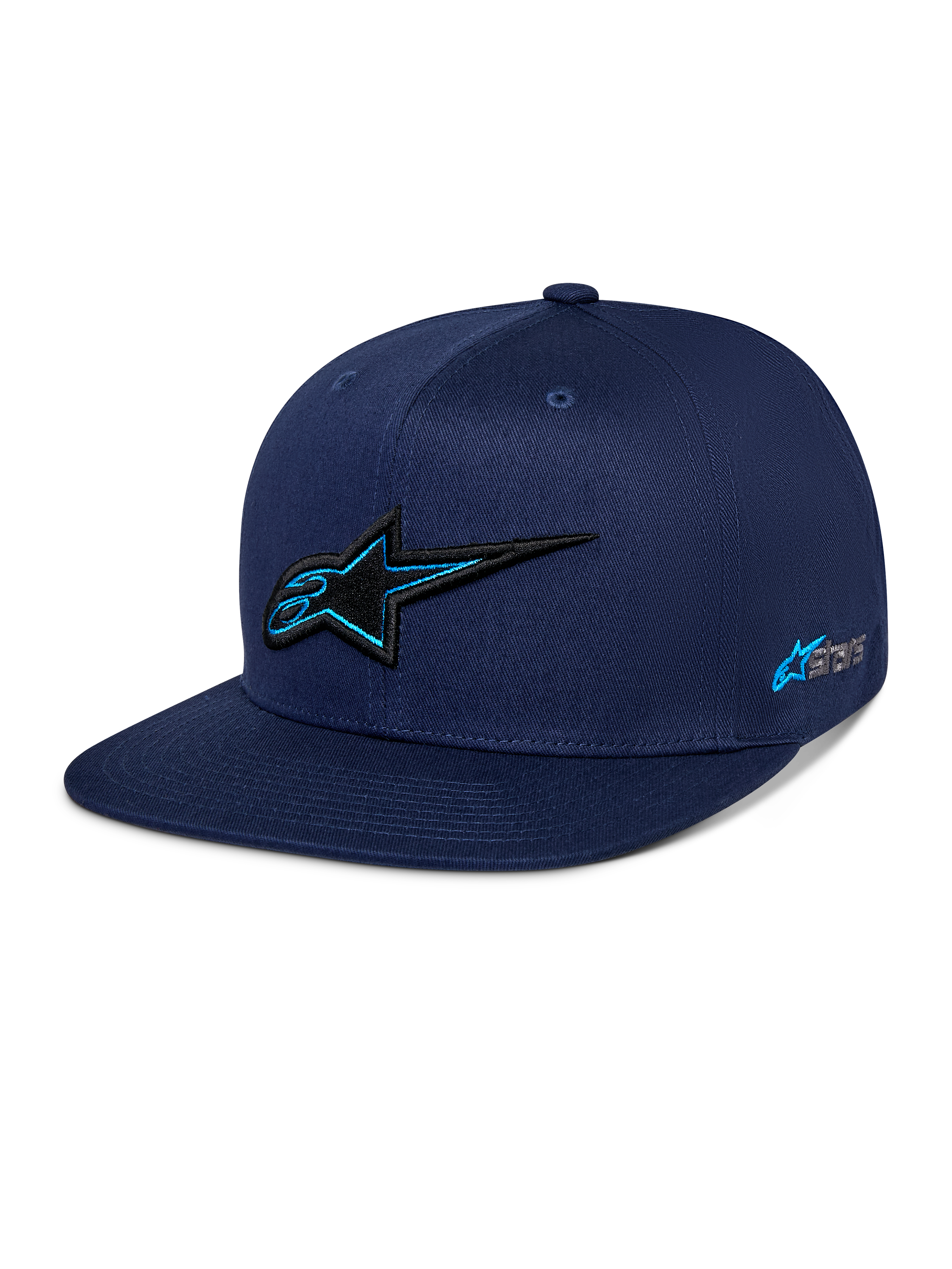 Casquette Snapback Thickness Alpinestars, bleu marine, couronne structurée avec visière plate, logo Astars brodé en 3D noir avec contour bleu clair, broderie latérale du logo, streetwear décontracté inspiré du sport automobile