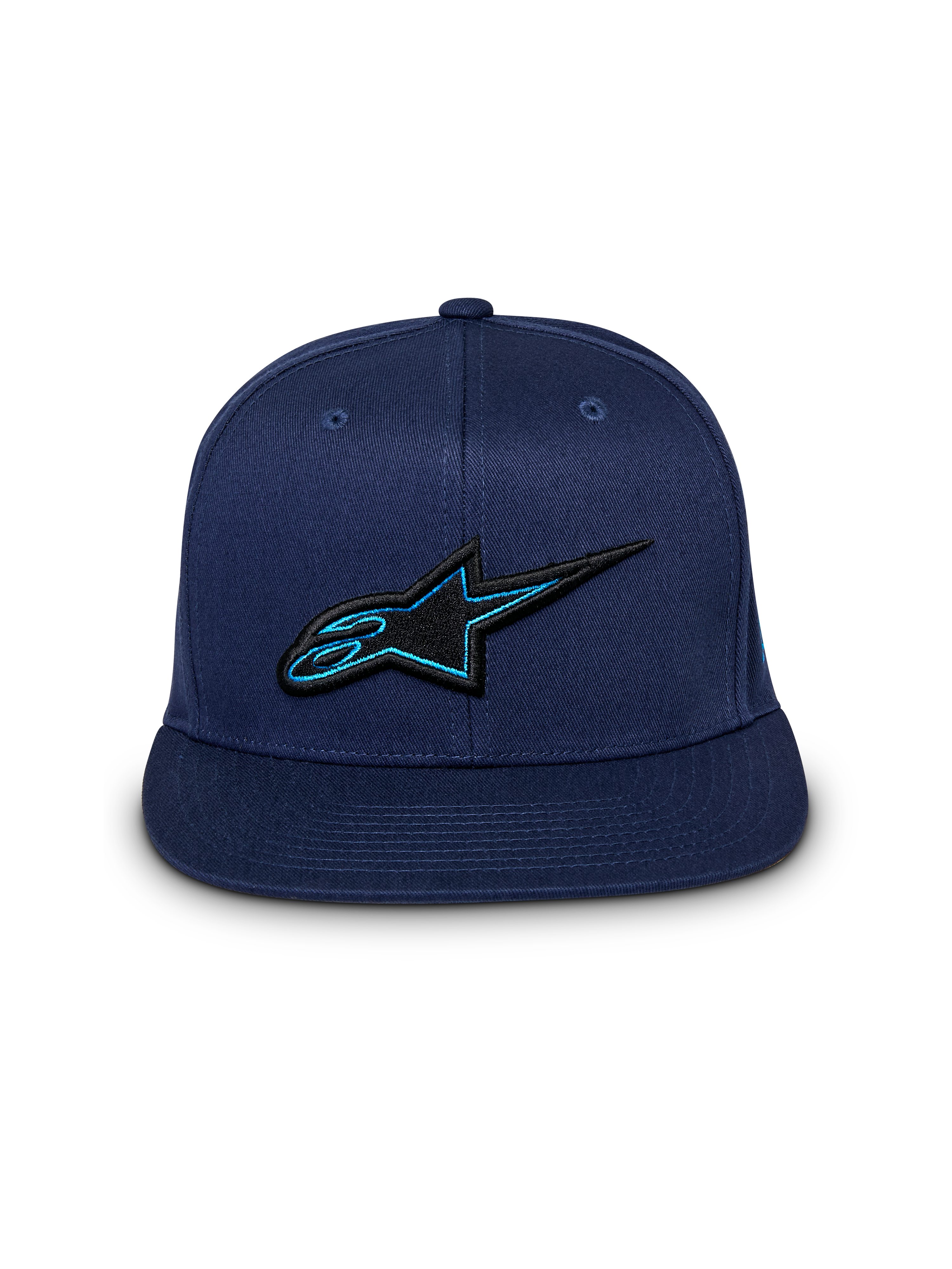 Casquette Snapback Thickness Alpinestars, casquette bleu marine, vue de face, logo Astars brodé en 3D noir et bleu, visière plate, style streetwear motorsport décontracté