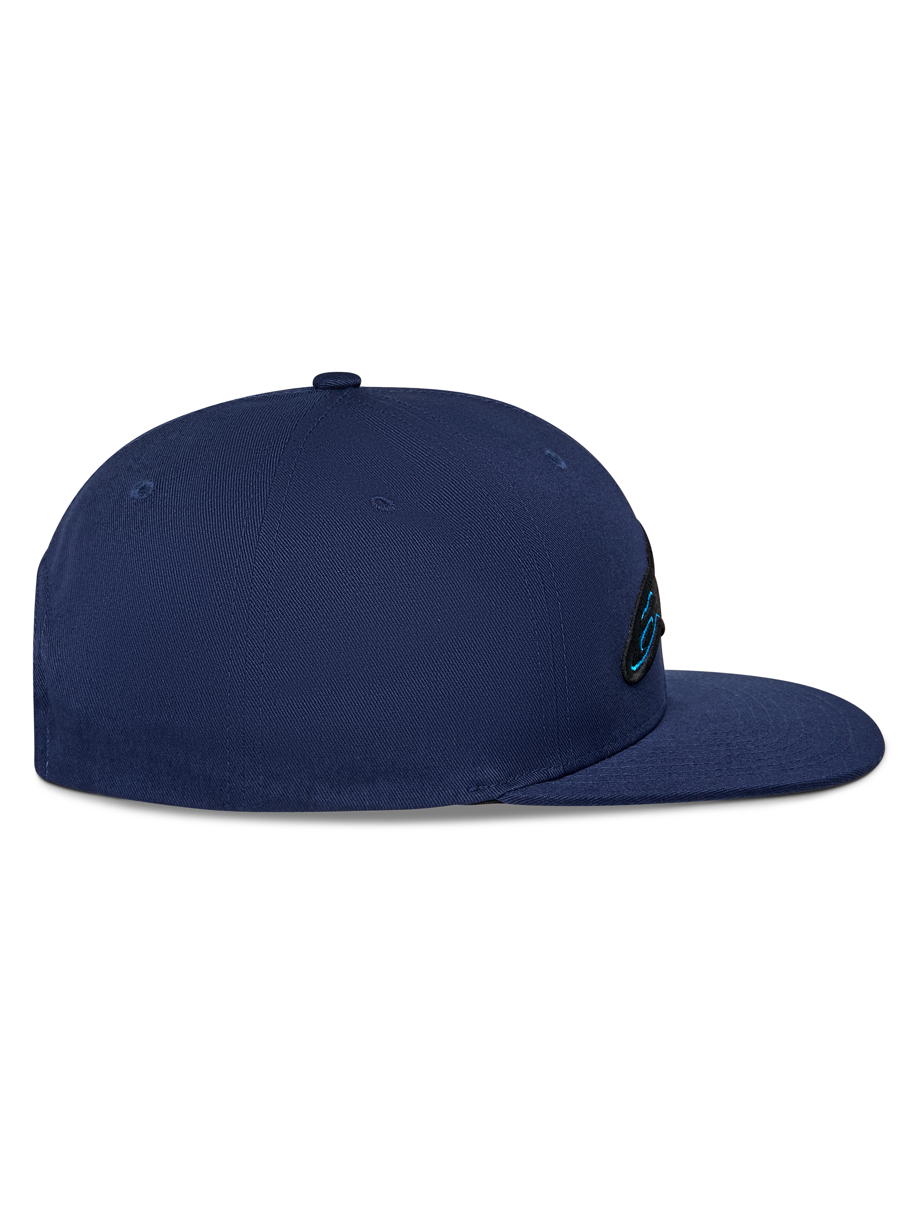Casquette Snapback Thickness Alpinestars, casquette bleu marine, vue de profil, couronne structurée avec visière plate, tissu en sergé de coton, détail du logo brodé à l'avant, couvre-chef décontracté de sport automobile