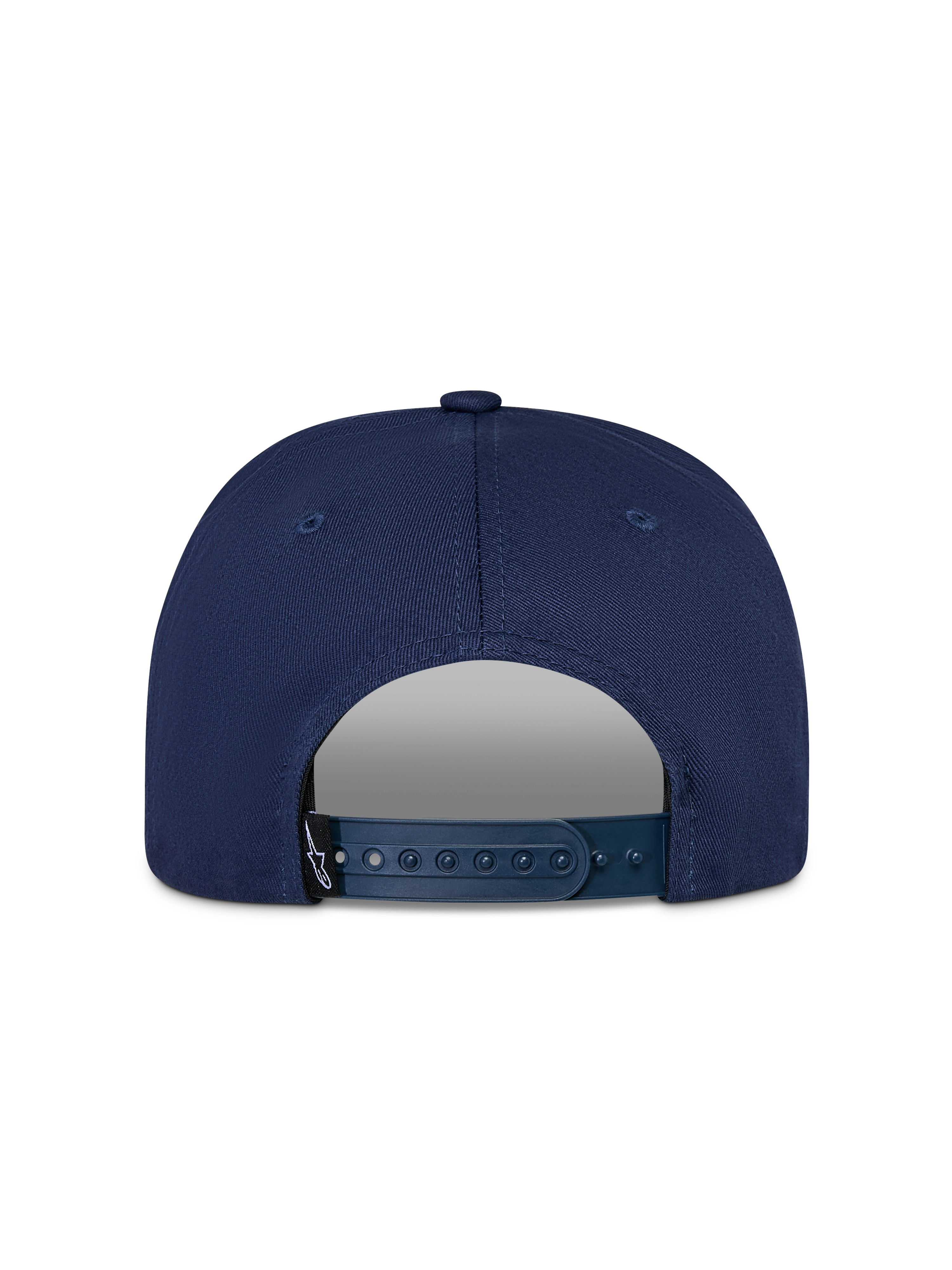 Casquette Snapback Alpinestars Thickness, bleu marine, vue arrière avec fermeture snapback ajustable et petite étiquette noire avec logo Astars, construction en sergé de coton structuré