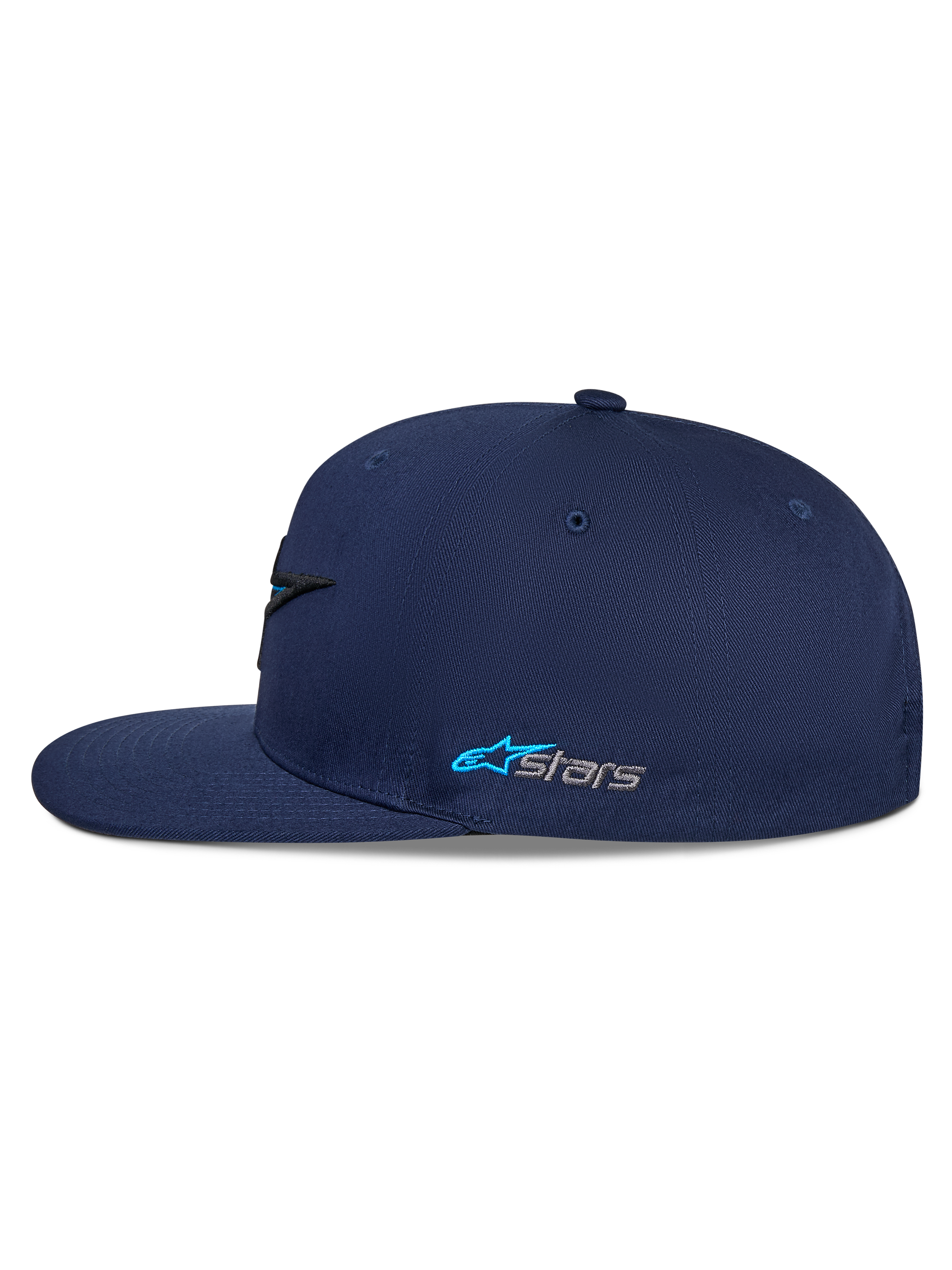 Casquette Snapback Alpinestars Thickness, bleu marine, vue de profil, visière plate avec couronne structurée, logo latéral Astars brodé en bleu clair et gris, style streetwear motorsport décontracté