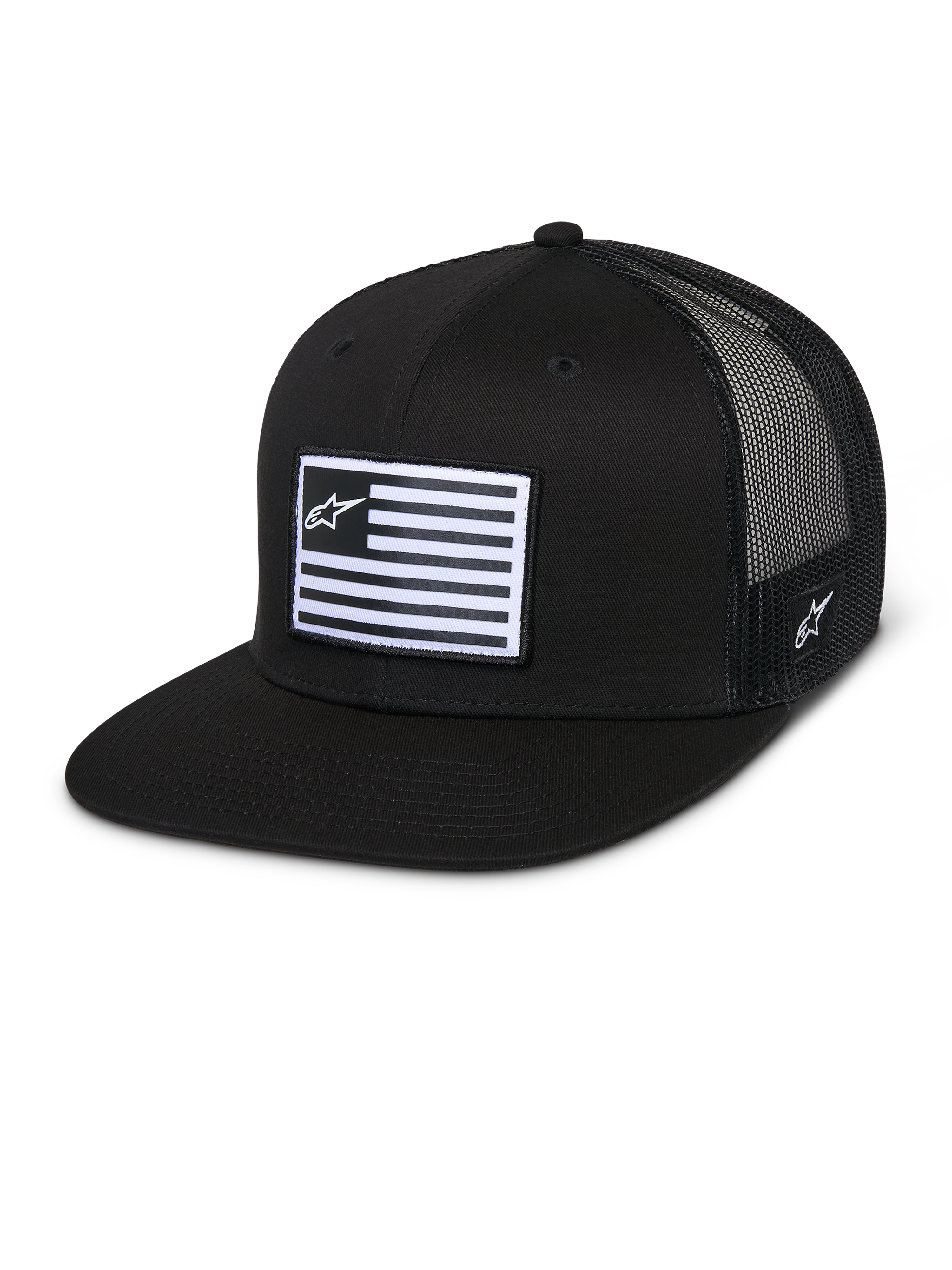 Alpinestars Flag Flat Trucker Hat, Black, flat bill with structured crown, breathable black mesh back, rectangular front patch with horizontal stripes and star logo, side embroidery, casual motorsport-inspired design