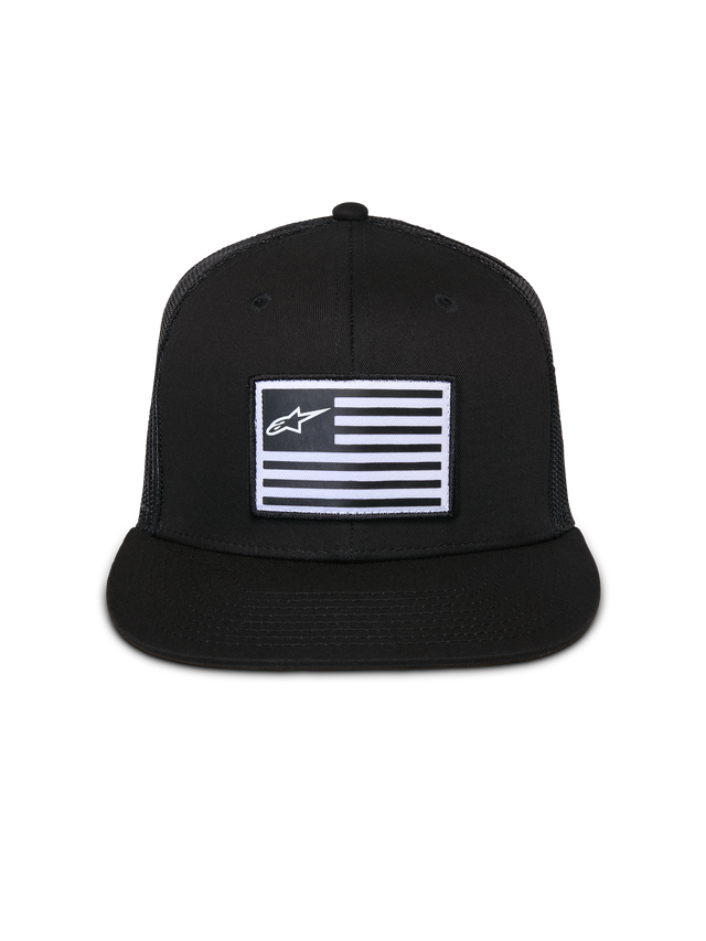 Alpinestars Flag Flat Trucker Hat, Black, flat-brim cap with structured crown, central rectangular patch with white flag and Alpinestars logo, mesh back, casual motorsport-inspired streetwear
