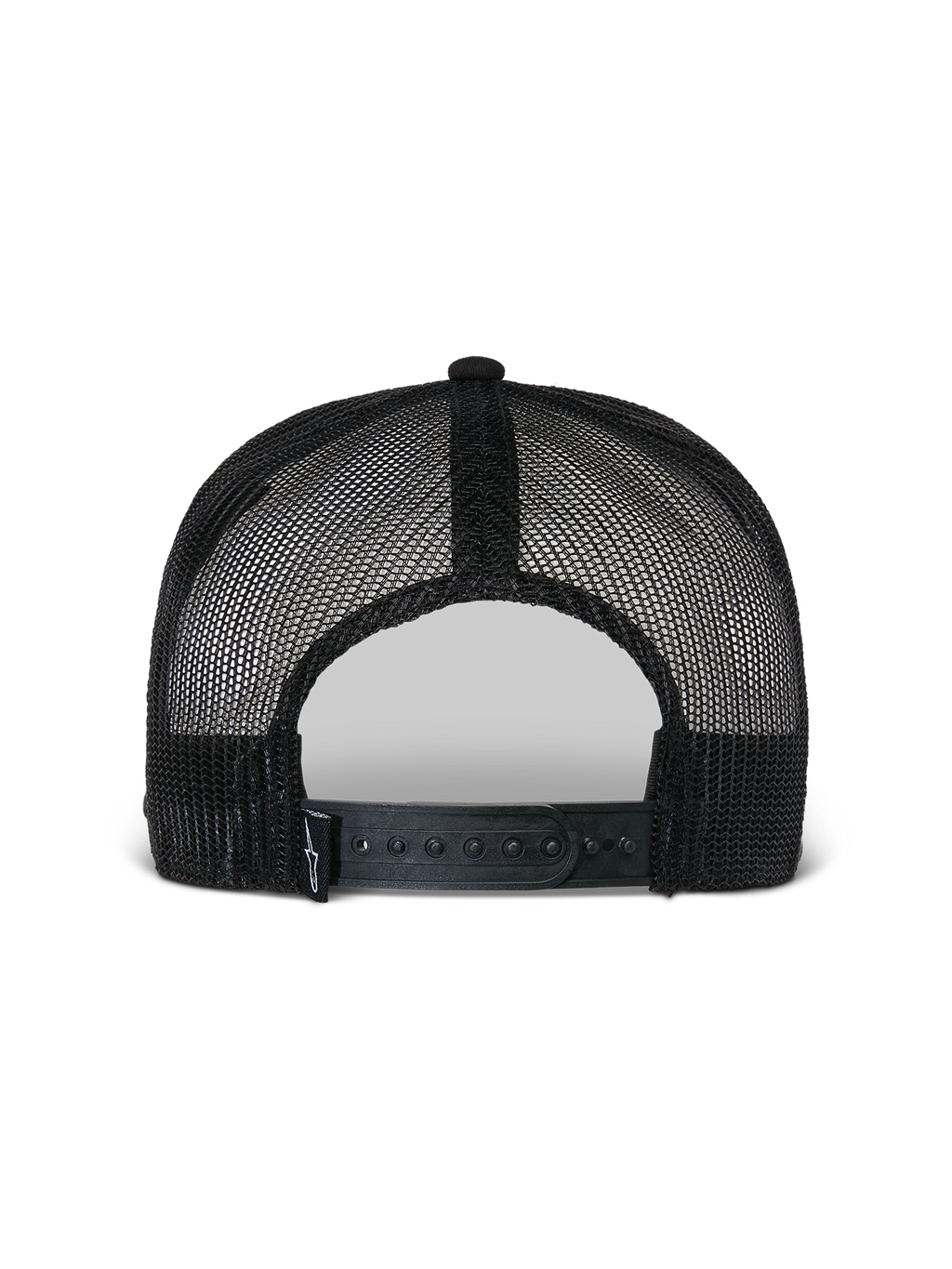 Casquette Trucker Alpinestars Flag Flat, noire, vue arrière montrant la construction en maille polyester respirante, la fermeture snapback réglable et un petit logo tissé, accessoire décontracté inspiré des sports mécaniques