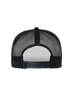 Casquette Trucker Alpinestars Flag Flat, noire, vue arrière montrant la construction en maille polyester respirante, la fermeture snapback réglable et un petit logo tissé, accessoire décontracté inspiré des sports mécaniques