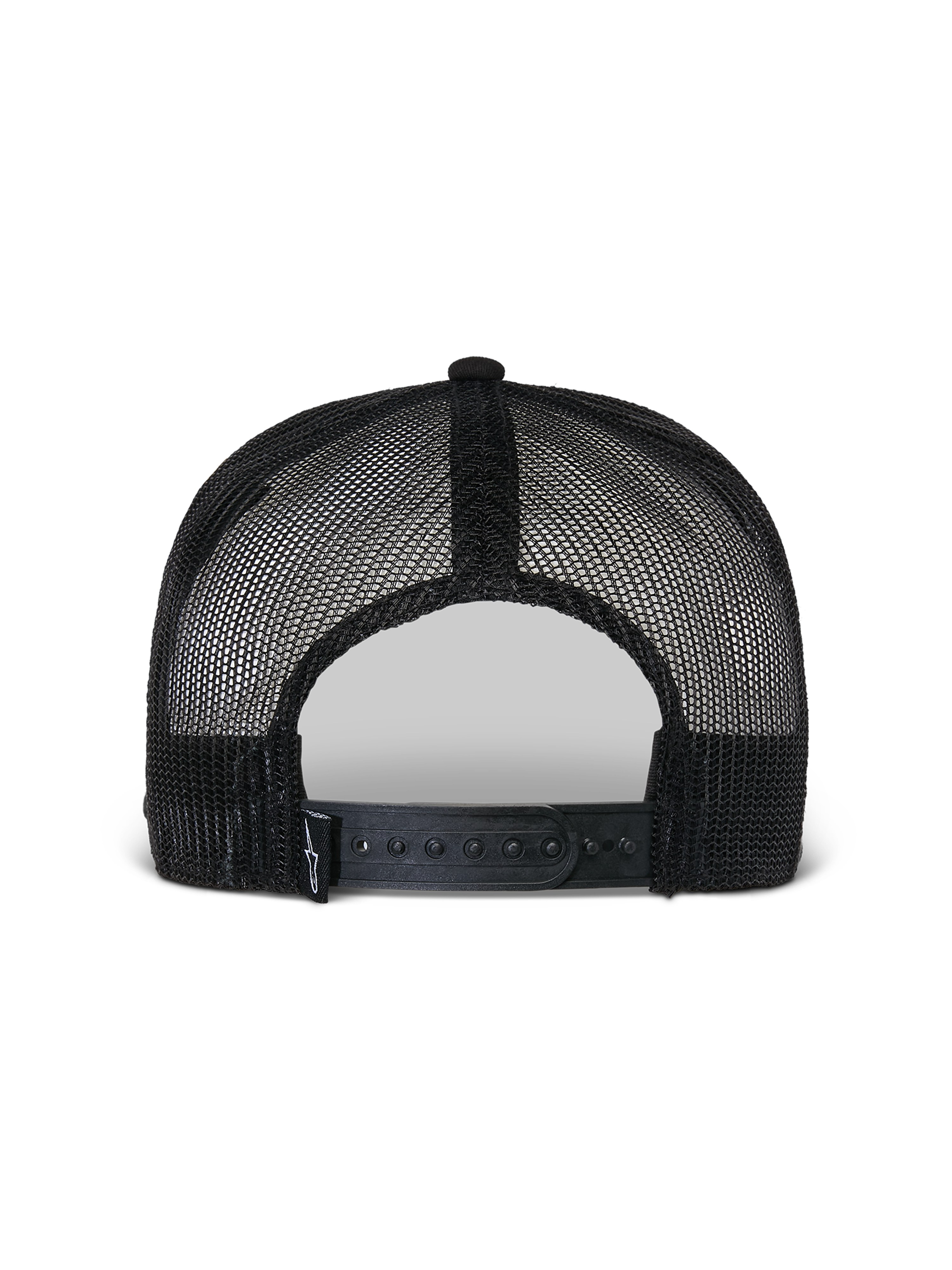 Casquette Trucker Alpinestars Flag Flat, noire, vue arrière montrant la construction en maille polyester respirante, la fermeture snapback réglable et un petit logo tissé, accessoire décontracté inspiré des sports mécaniques