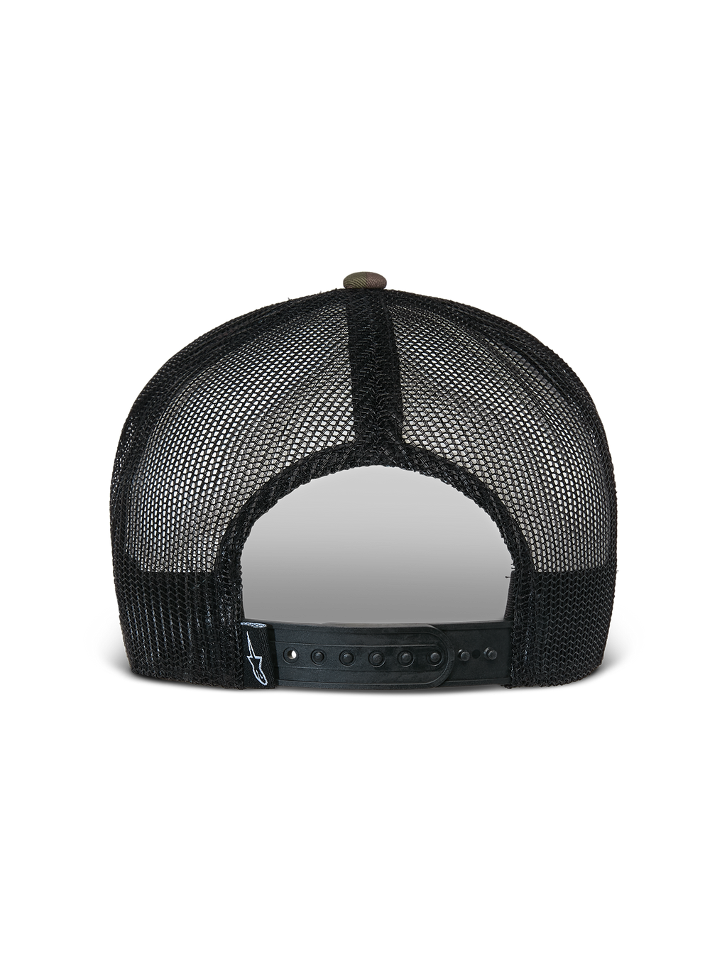 Casquette Trucker Flag Flat Alpinestars, camouflage vert et noir, vue arrière présentant des panneaux en maille noire respirante et une fermeture snapback ajustable avec une petite étiquette logo, couvre-chef décontracté inspiré du sport automobile