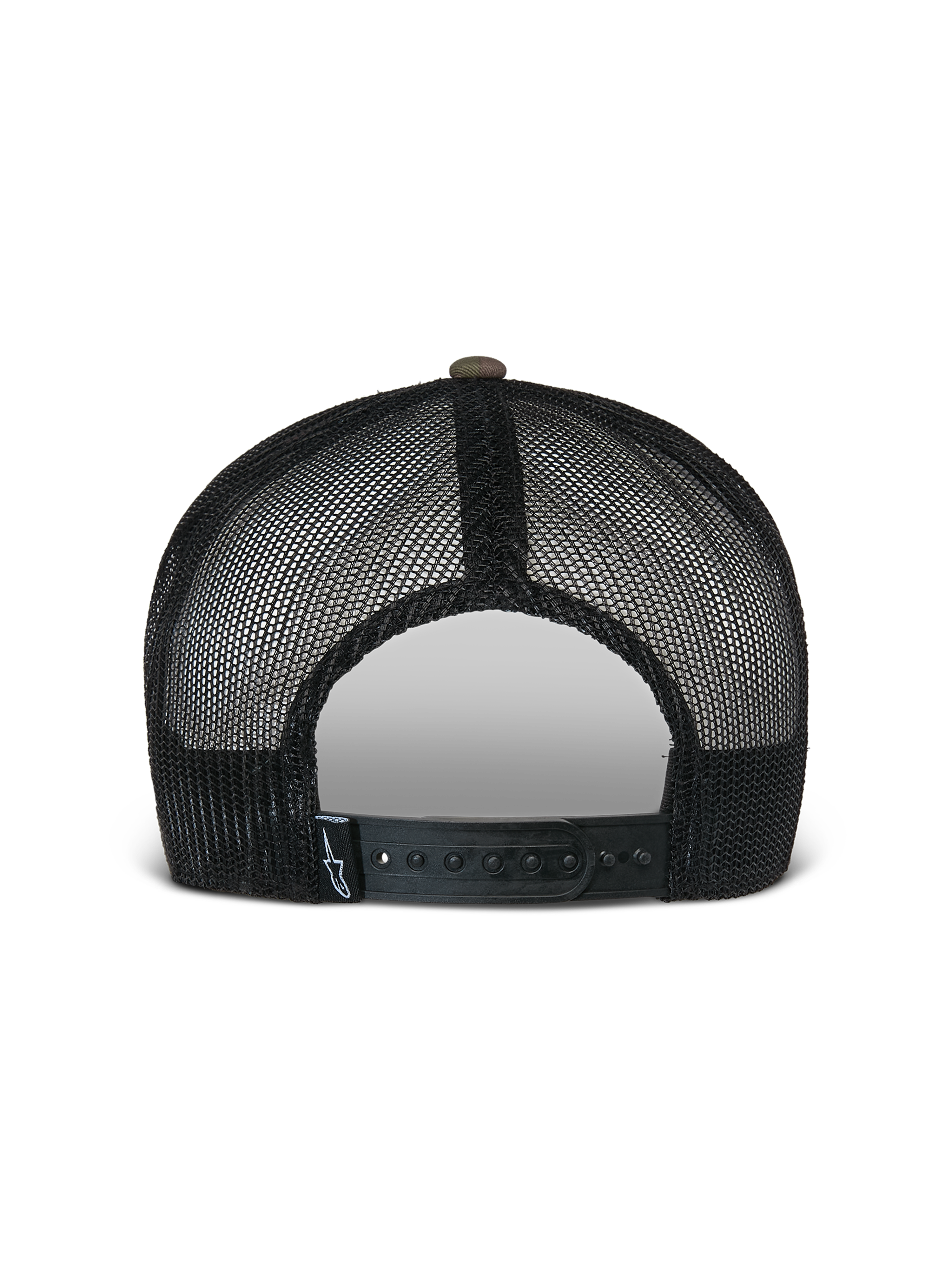 Casquette Trucker Flag Flat Alpinestars, camouflage vert et noir, vue arrière présentant des panneaux en maille noire respirante et une fermeture snapback ajustable avec une petite étiquette logo, couvre-chef décontracté inspiré du sport automobile