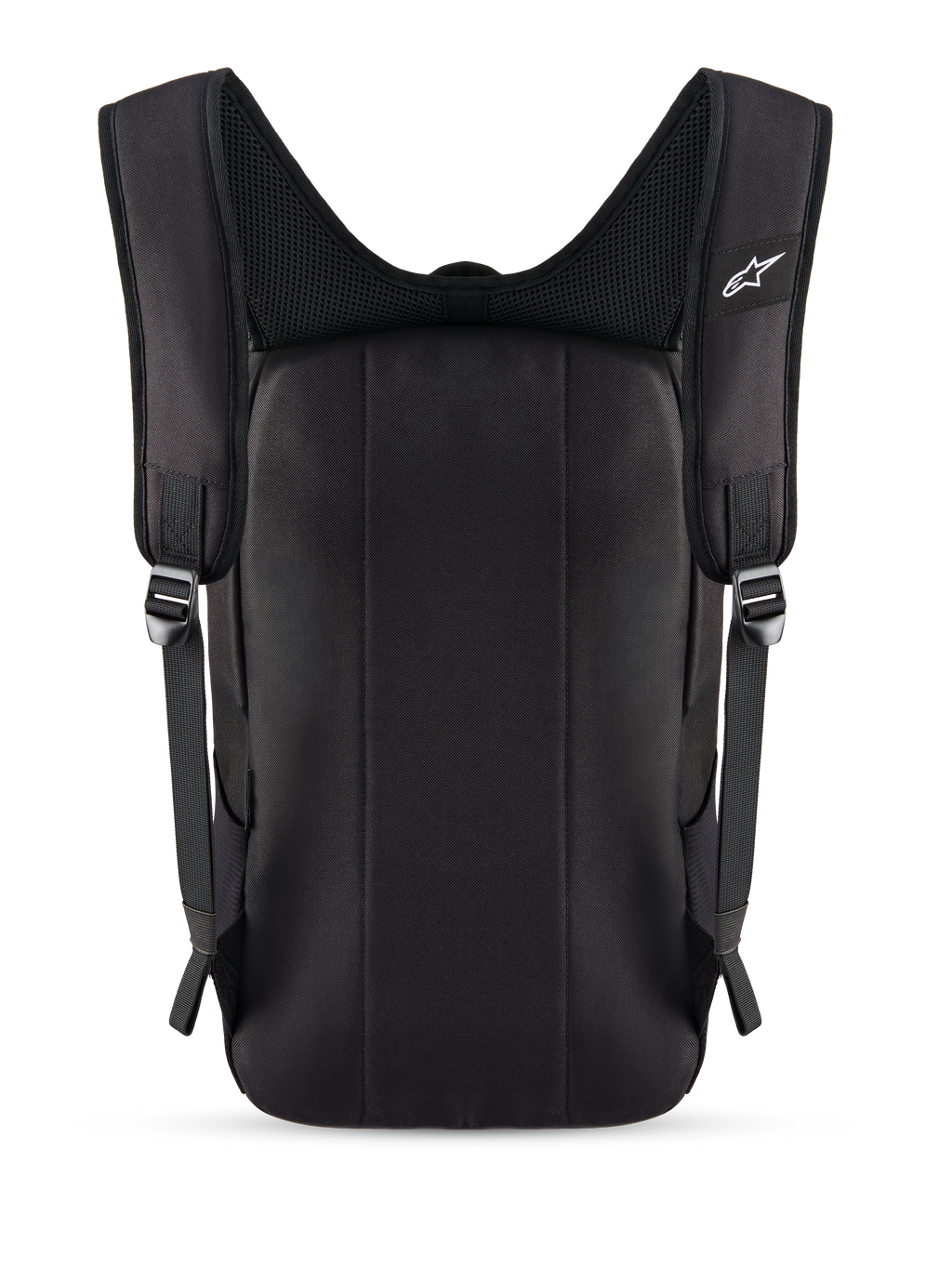 Sac à dos Alpinestars Defcon V3, noir, vue arrière montrant le panneau arrière rembourré et les bretelles en maille aérée respirante, petit logo Alpinestars blanc sur la bretelle, construction en polyester 600D durable pour un usage quotidien.