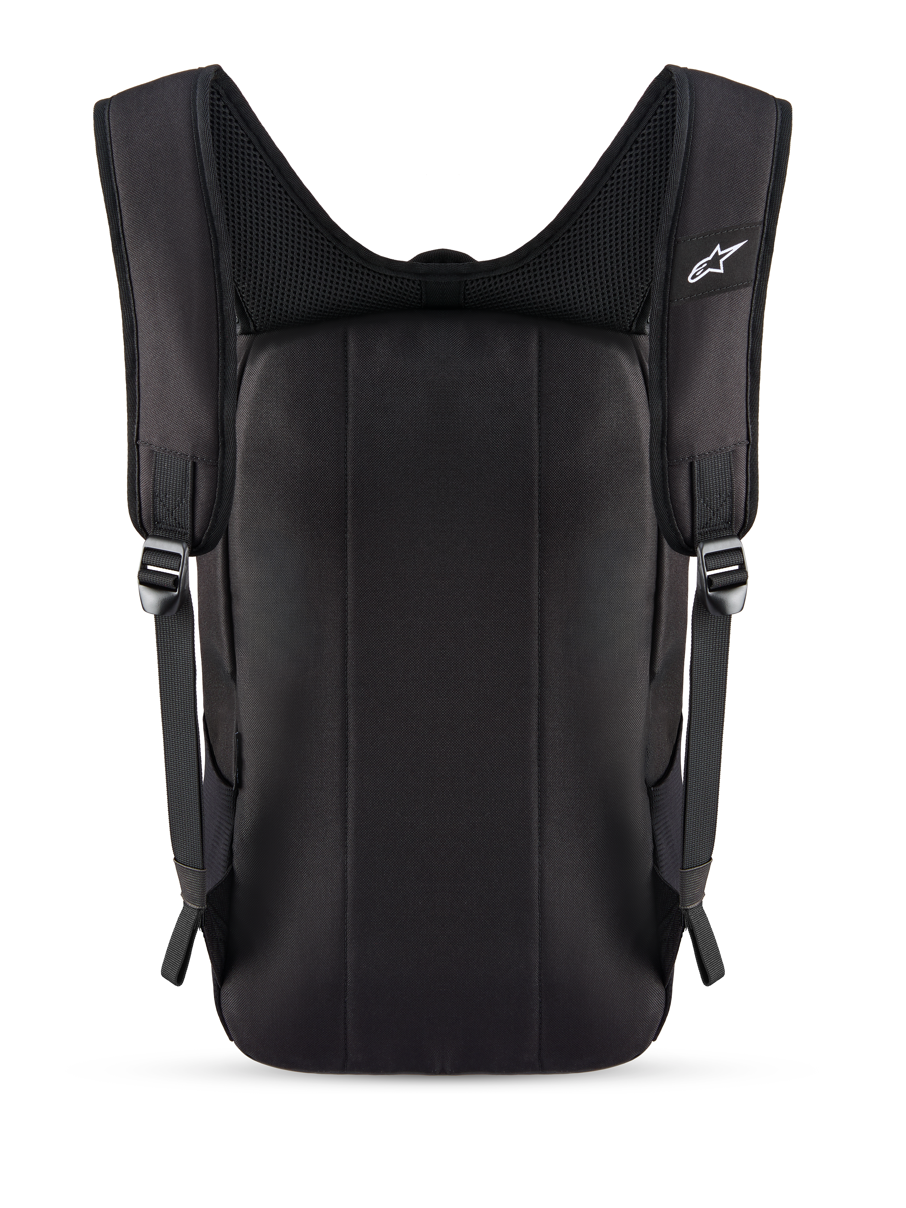 Sac à dos Alpinestars Defcon V3, noir, vue arrière montrant le panneau arrière rembourré et les bretelles en maille aérée respirante, petit logo Alpinestars blanc sur la bretelle, construction en polyester 600D durable pour un usage quotidien.