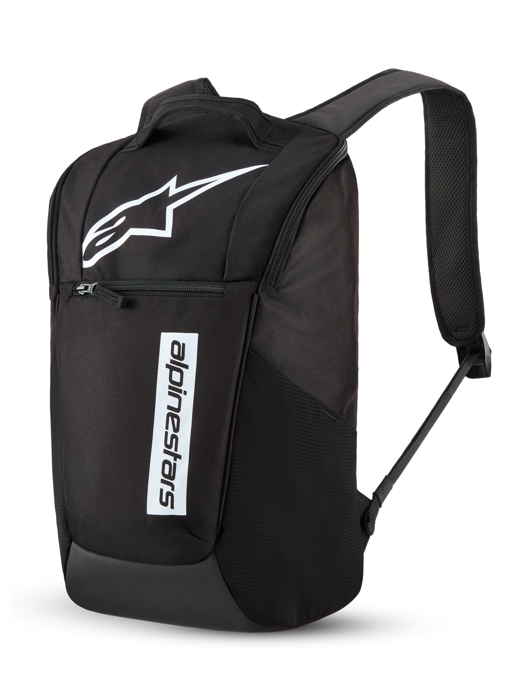 Sac à dos Alpinestars Defcon V3, sac à dos quotidien, noir et blanc, avec un grand logo Astar blanc et un lettrage Alpinestars vertical, poche avant zippée, bretelles rembourrées en maille aérée, polyester 600D durable, design décontracté inspiré du sport automobile