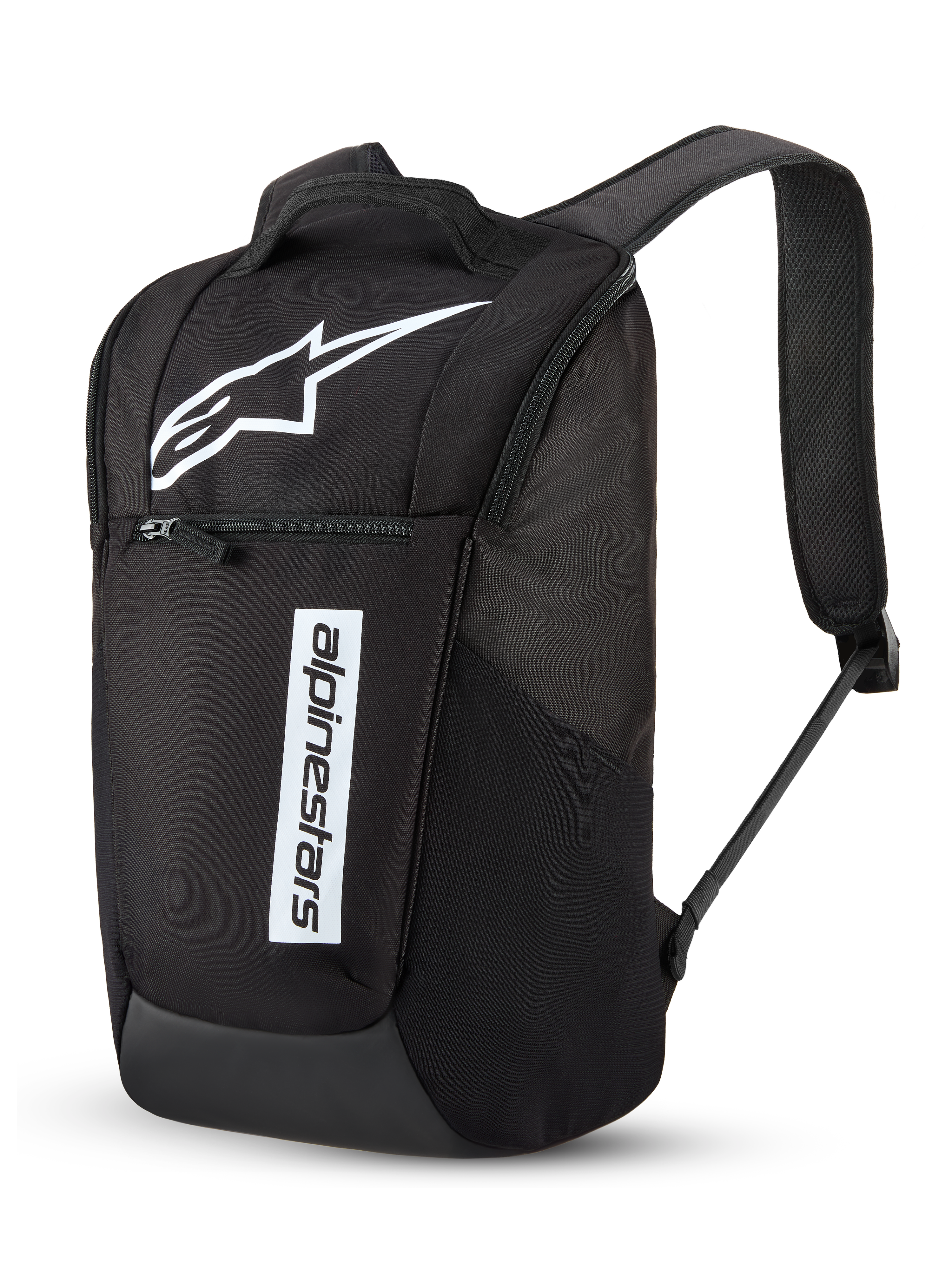 Sac à dos Alpinestars Defcon V3, sac à dos quotidien, noir et blanc, avec un grand logo Astar blanc et un lettrage Alpinestars vertical, poche avant zippée, bretelles rembourrées en maille aérée, polyester 600D durable, design décontracté inspiré du sport automobile