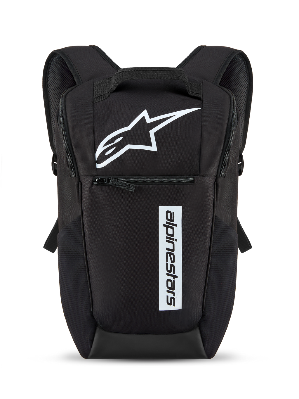 Sac à dos Alpinestars Defcon V3, noir et blanc, petit sac à dos quotidien avec logo étoile blanche et lettrage vertical, poche avant zippée, bretelles rembourrées, matériau en polyester 600D durable
