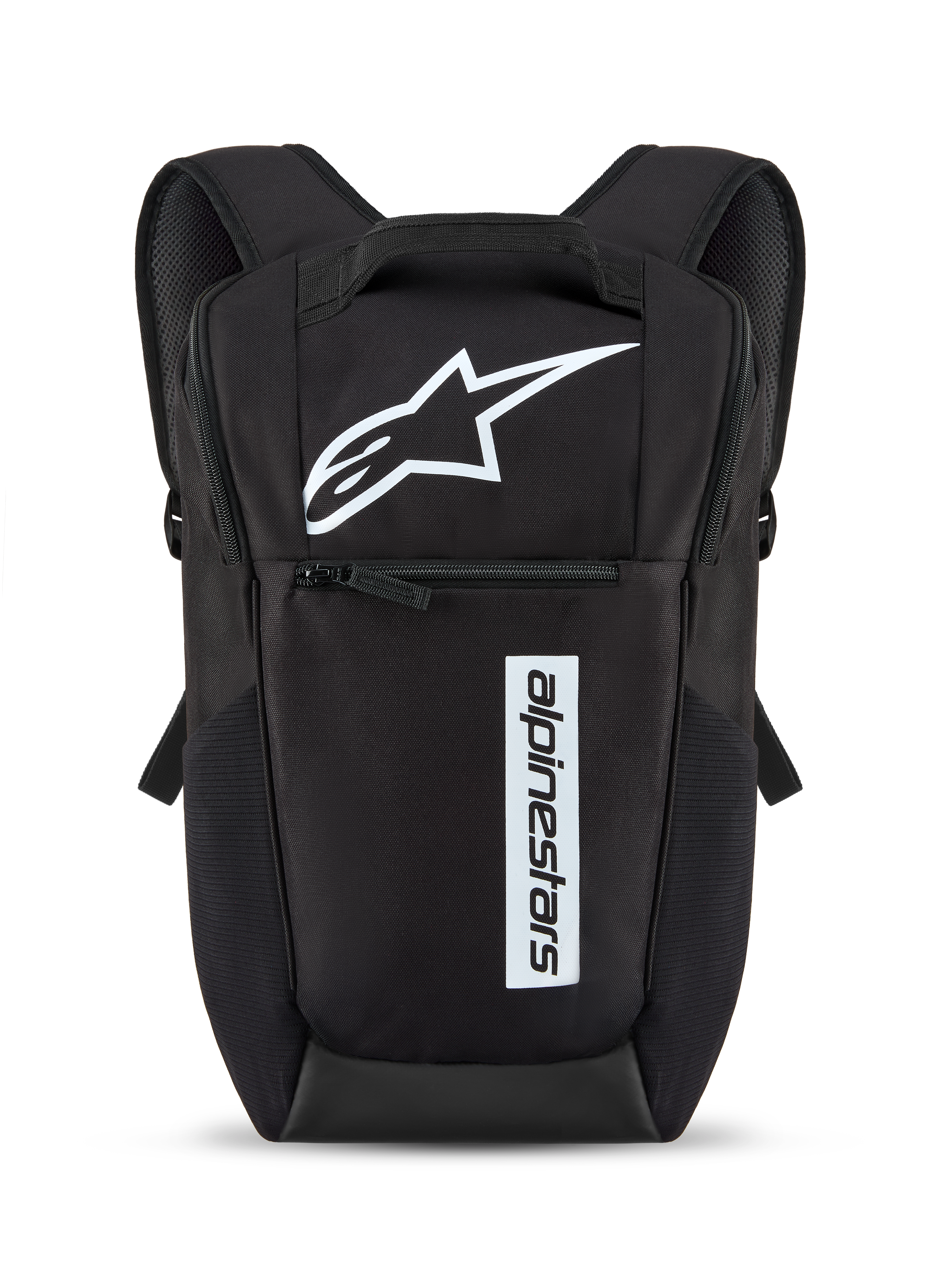 Sac à dos Alpinestars Defcon V3, noir et blanc, petit sac à dos quotidien avec logo étoile blanche et lettrage vertical, poche avant zippée, bretelles rembourrées, matériau en polyester 600D durable